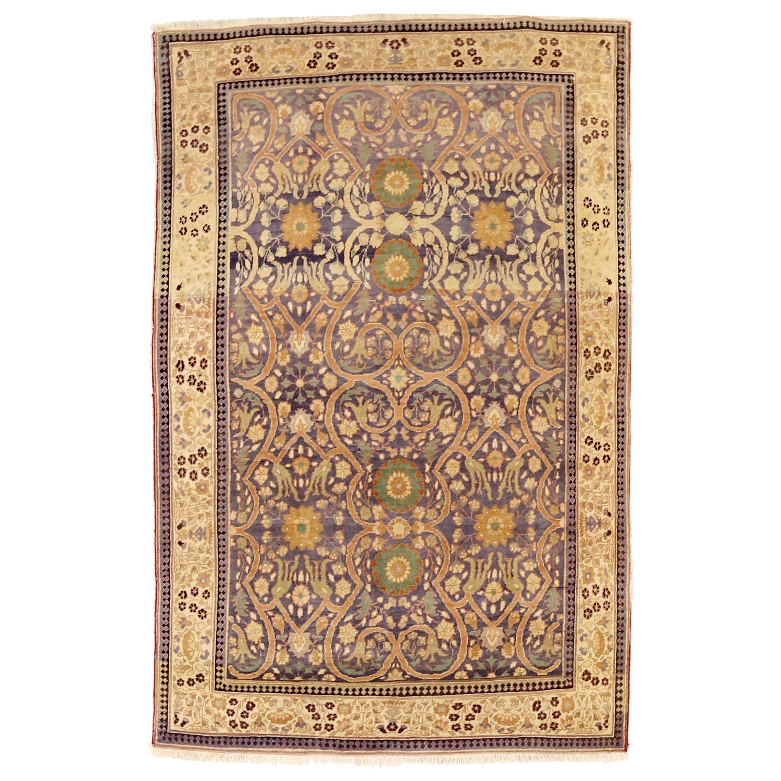 India Agra Small Rug Circa 1910 - Wool Green Ivory Purpel 73758