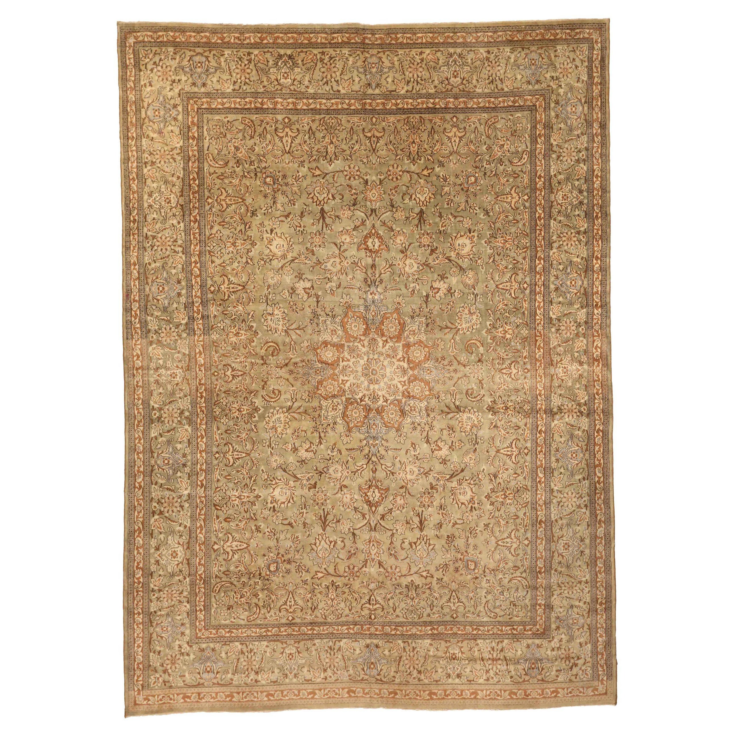 Tapis de sol Persan Kerman - Laine Brown Green Ivory 73848 en vente