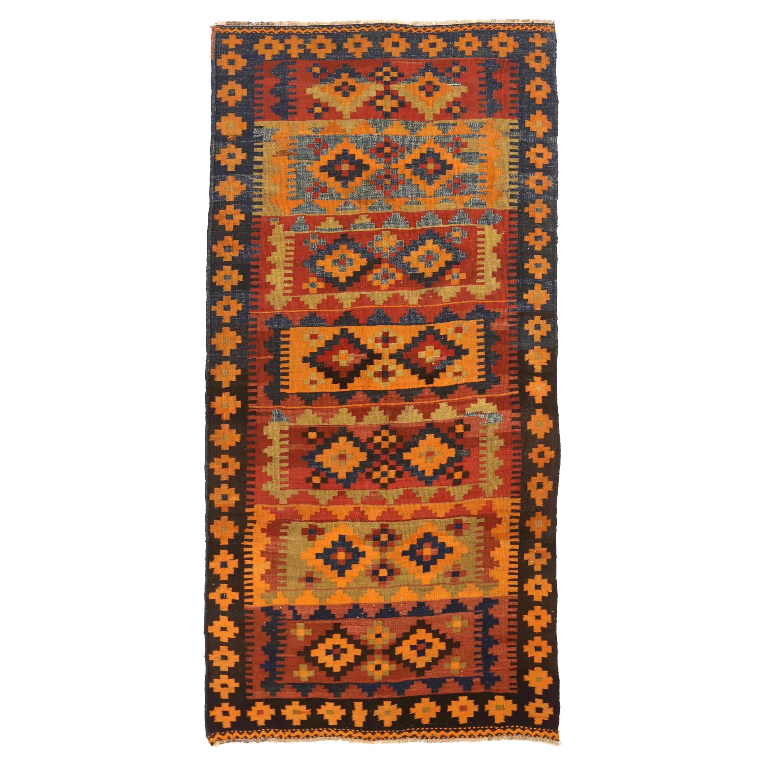 Persian Kilim Small Rug - Wool Brown Green Orange Red 73873 For Sale