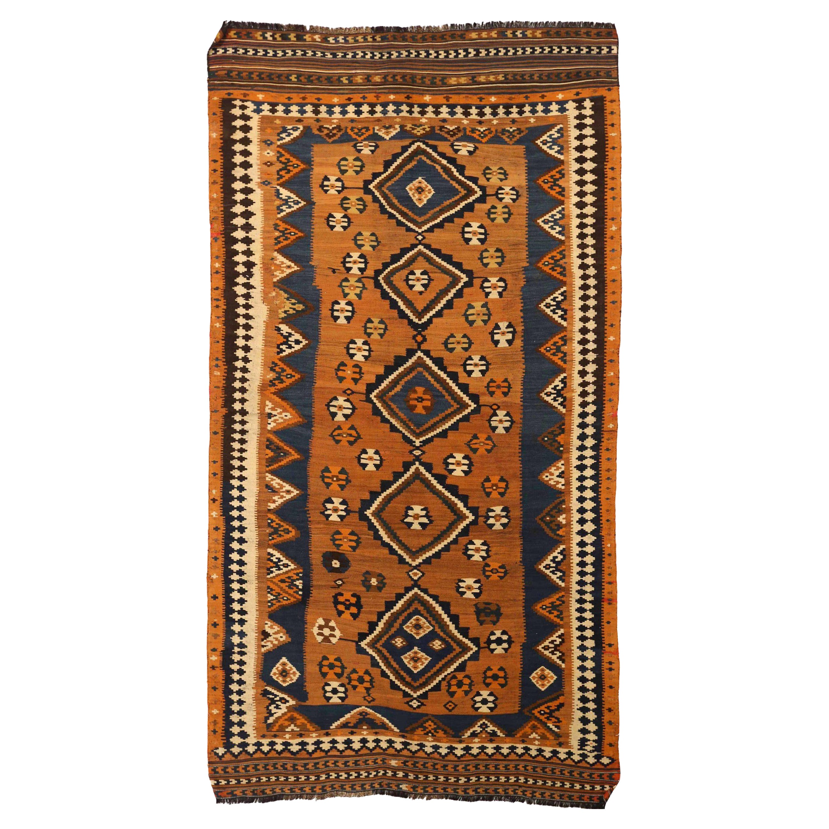 Alfombra Persa Kilim Pequeña Circa 1910 - Lana Marfil Azul Marino Naranja 73874