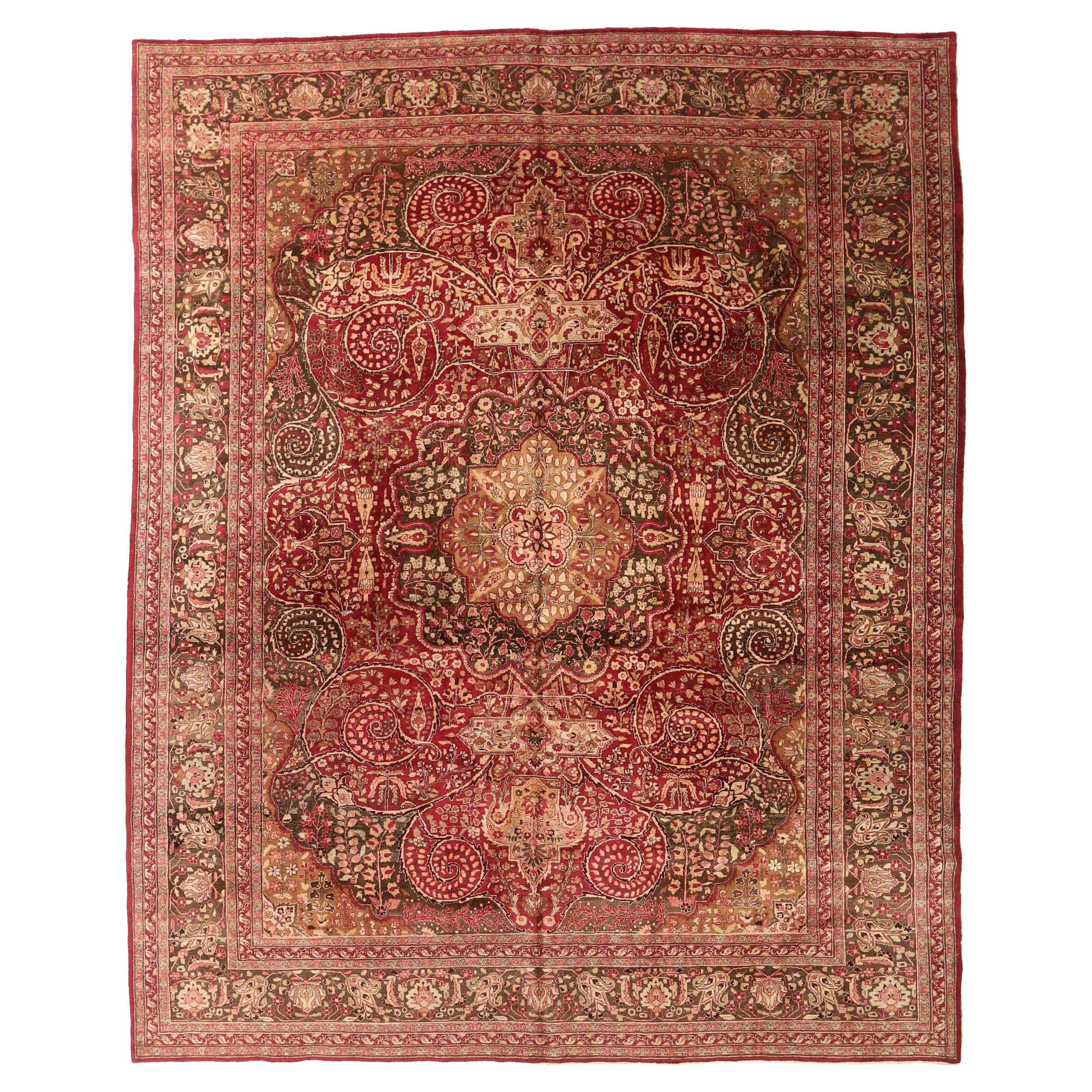 Tapis de sol persan Mashad - Laine Brown Ivoire Rouge 73877 en vente