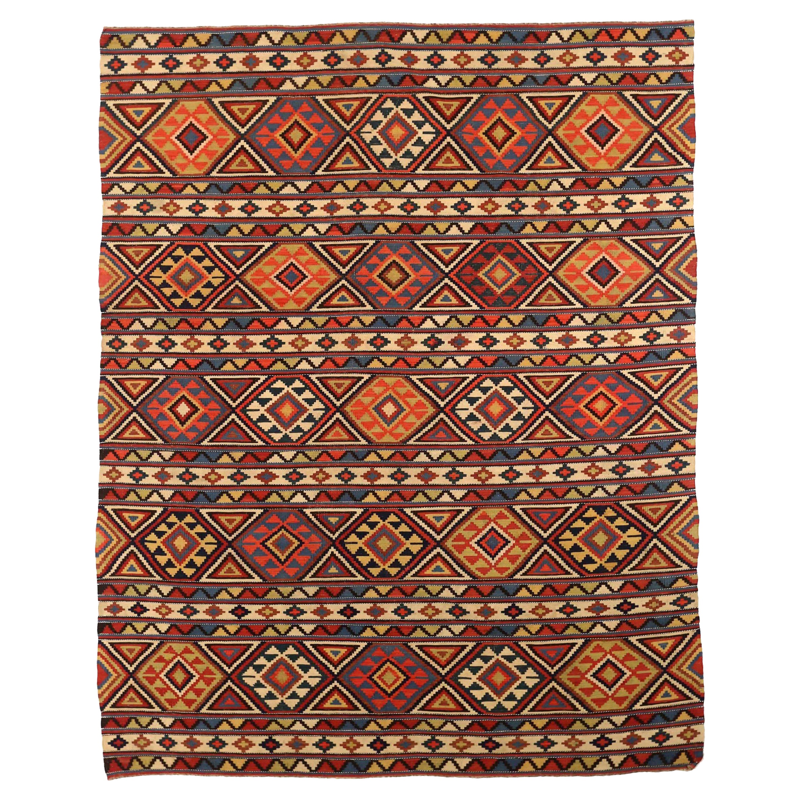 Russian Kilim Area Rugs - Wool Blue Red Yellow 73899