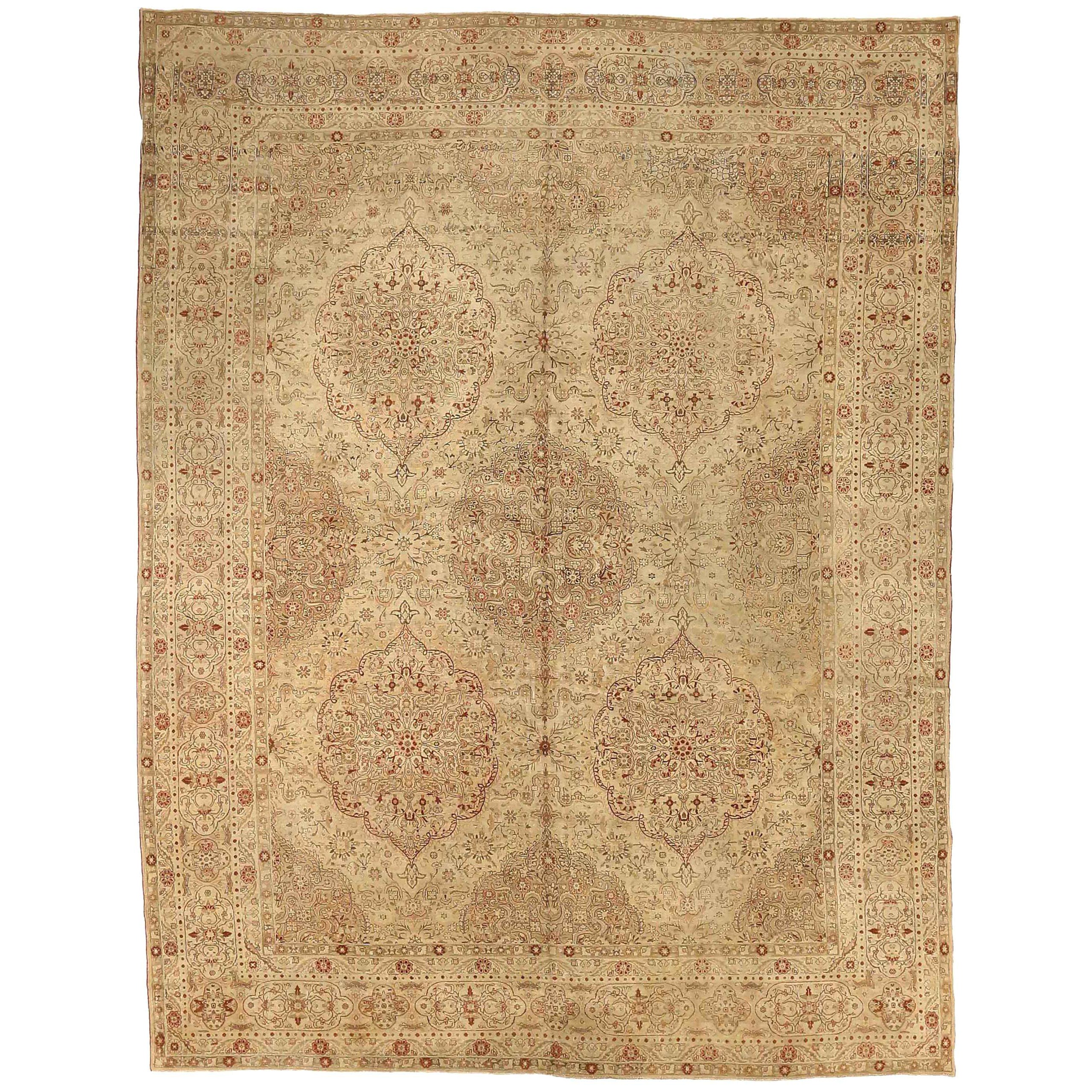 Tapis de sol persan Kerman Circa 1880 - Laine Brown Ivoire Taupe 73921
