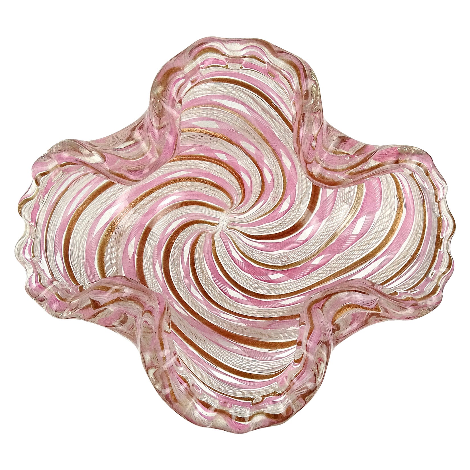 Bol en verre d'art italien de Murano rose, blanc et cuivre avec rubans d'aventurine des Fratelli Toso