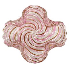 Bol en verre d'art italien de Murano rose, blanc et cuivre avec rubans d'aventurine des Fratelli Toso