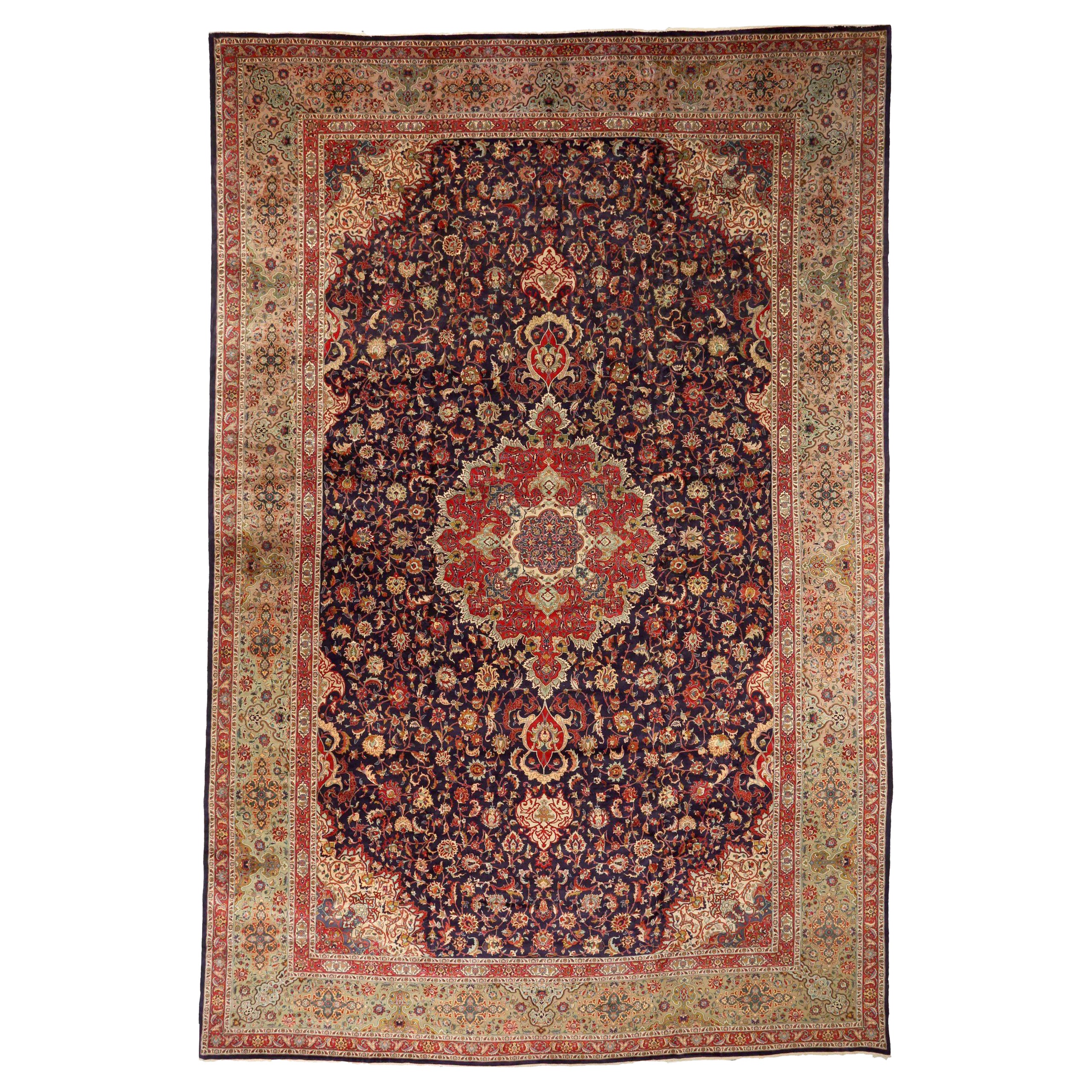 Persian Tabriz Over Size Rug Circa 1910 - Wool Ivory Navy Blue Red 73975