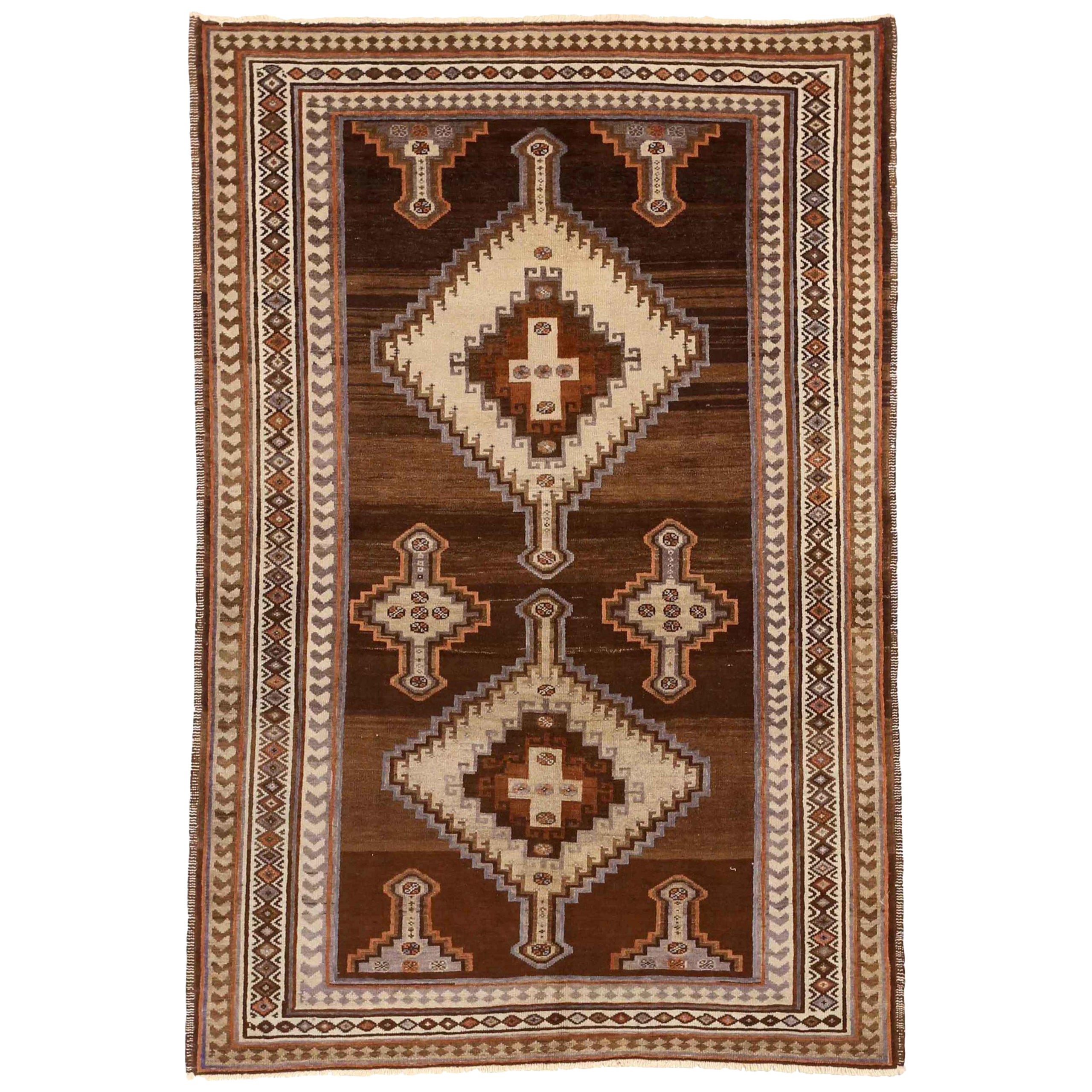 Petit tapis persan Varamin Circa 1910 - Laine Brown Ivoire Orange 73999