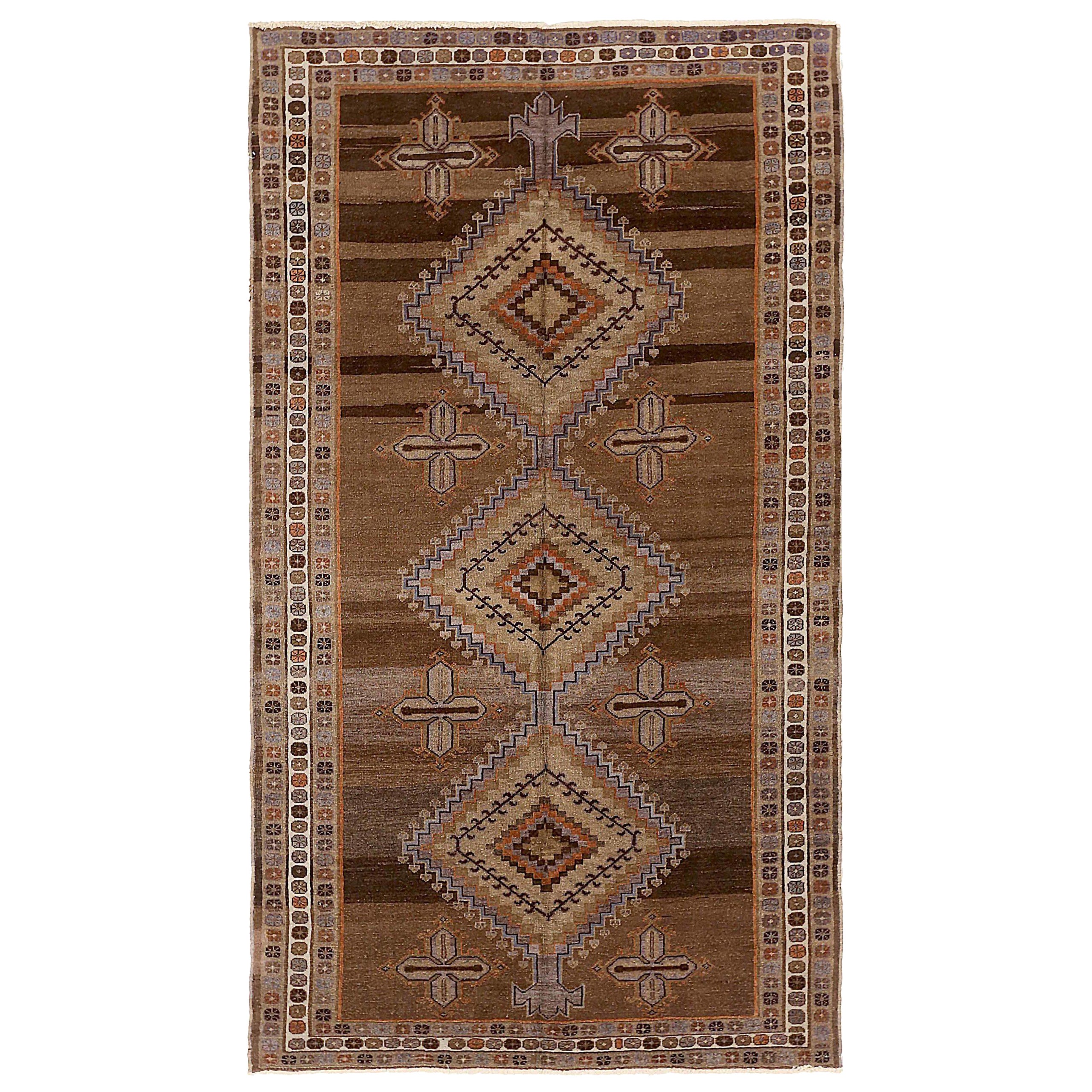 Petit tapis persan Varamin Circa 1910 - Laine Brown Ivoire Orange Purpel 74002