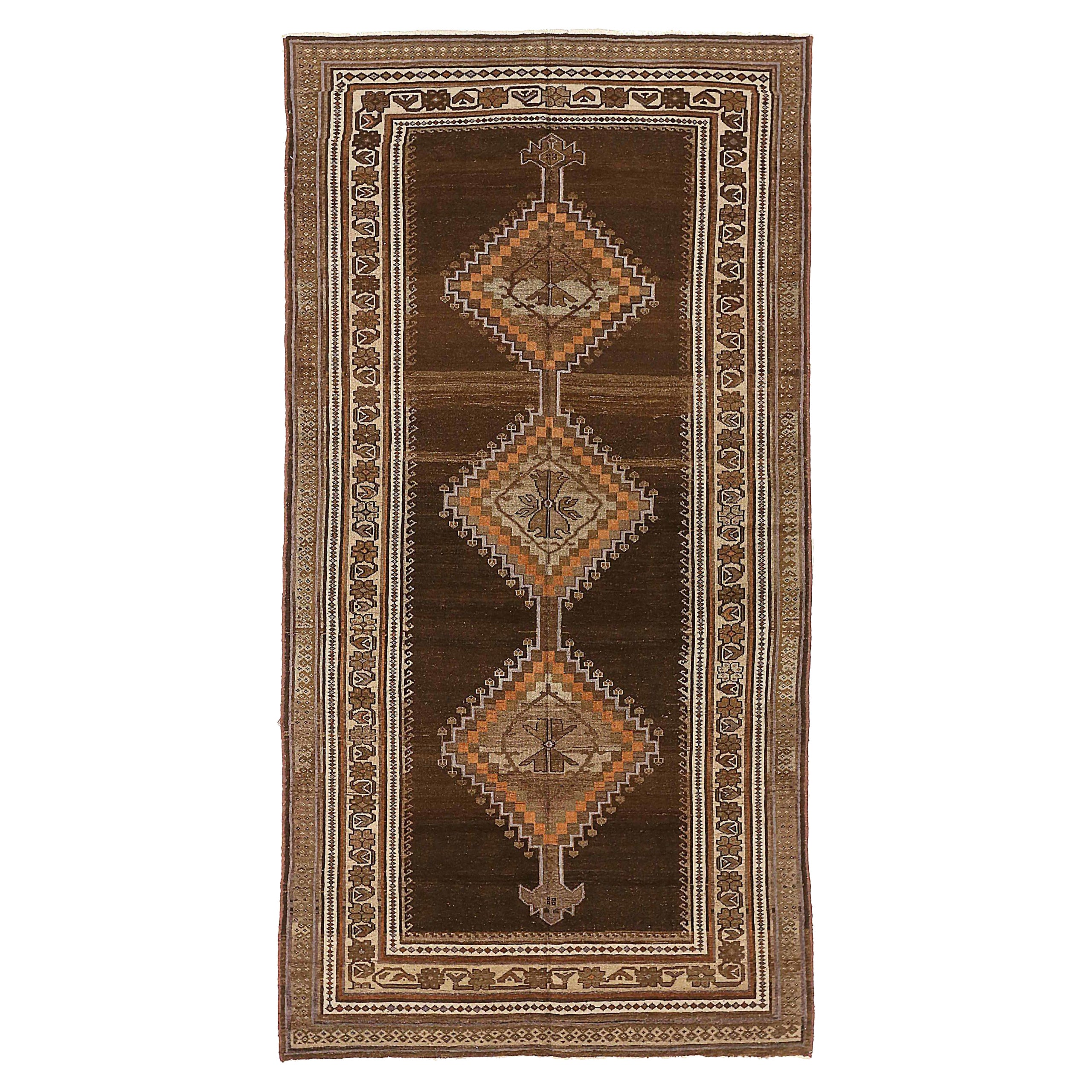 Petit tapis persan Varamin Circa 1910 - Laine Brown Ivoire Orange 74006