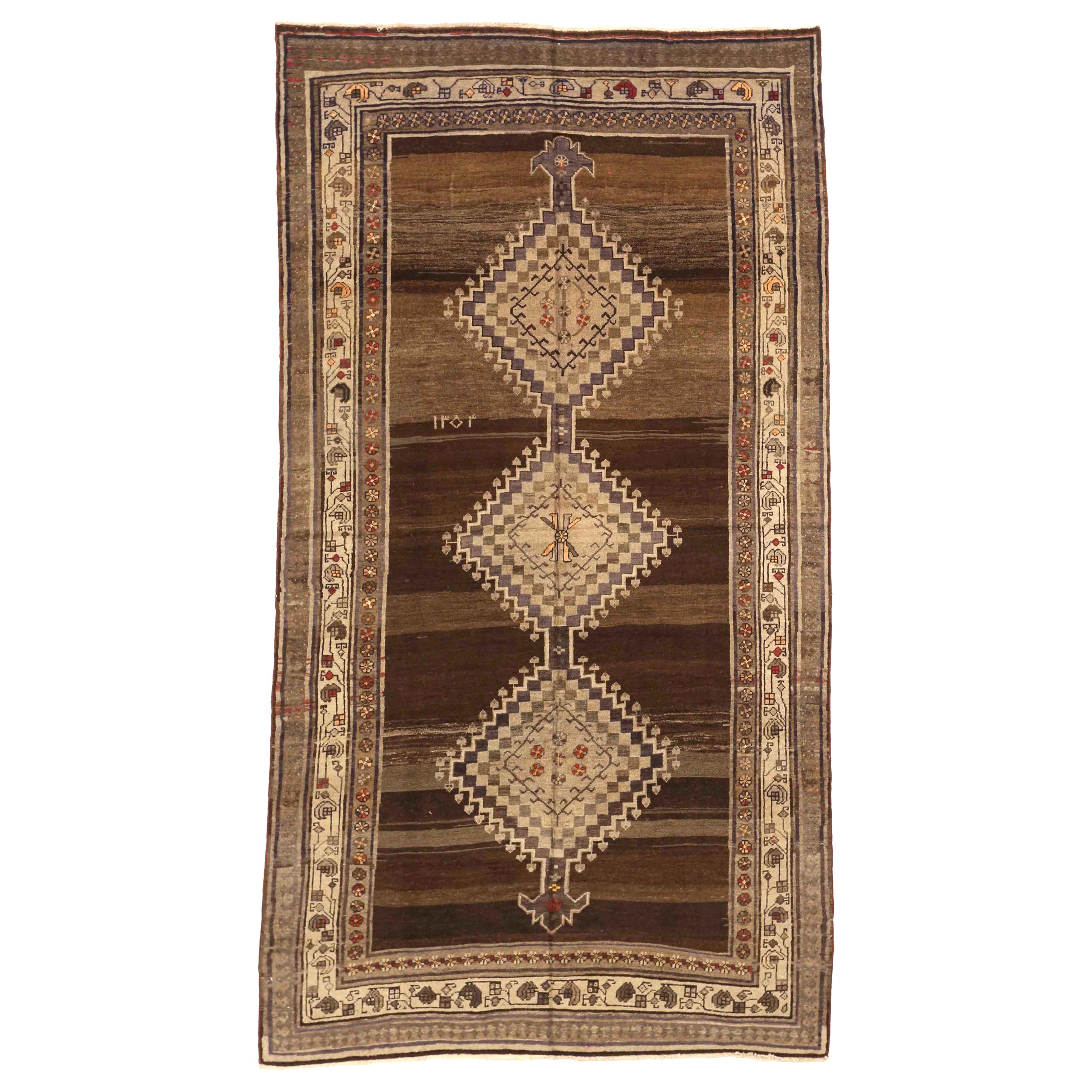 Petit tapis persan Varamin Circa 1910 - Laine Brown Ivoire Rouge 74045