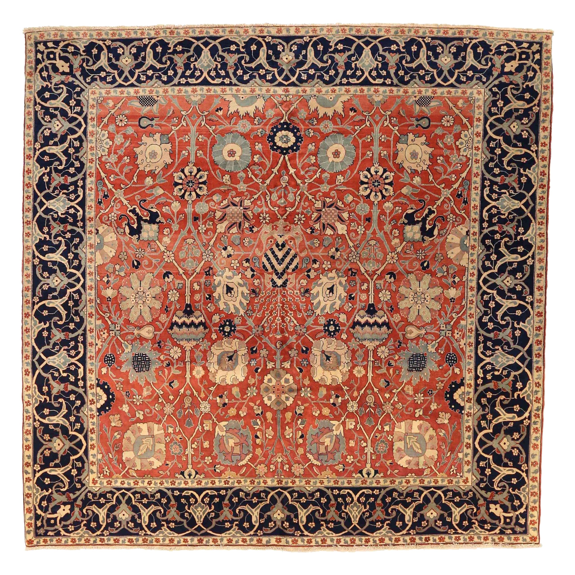 Tapis Persan Tabriz Circa 1880 - Laine Ivoire Bleu Marine Rouge 74092