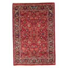 Petit tapis persan Mashad Circa 1910 - Laine Ivoire Bleu marine Rouge Jaune 74096