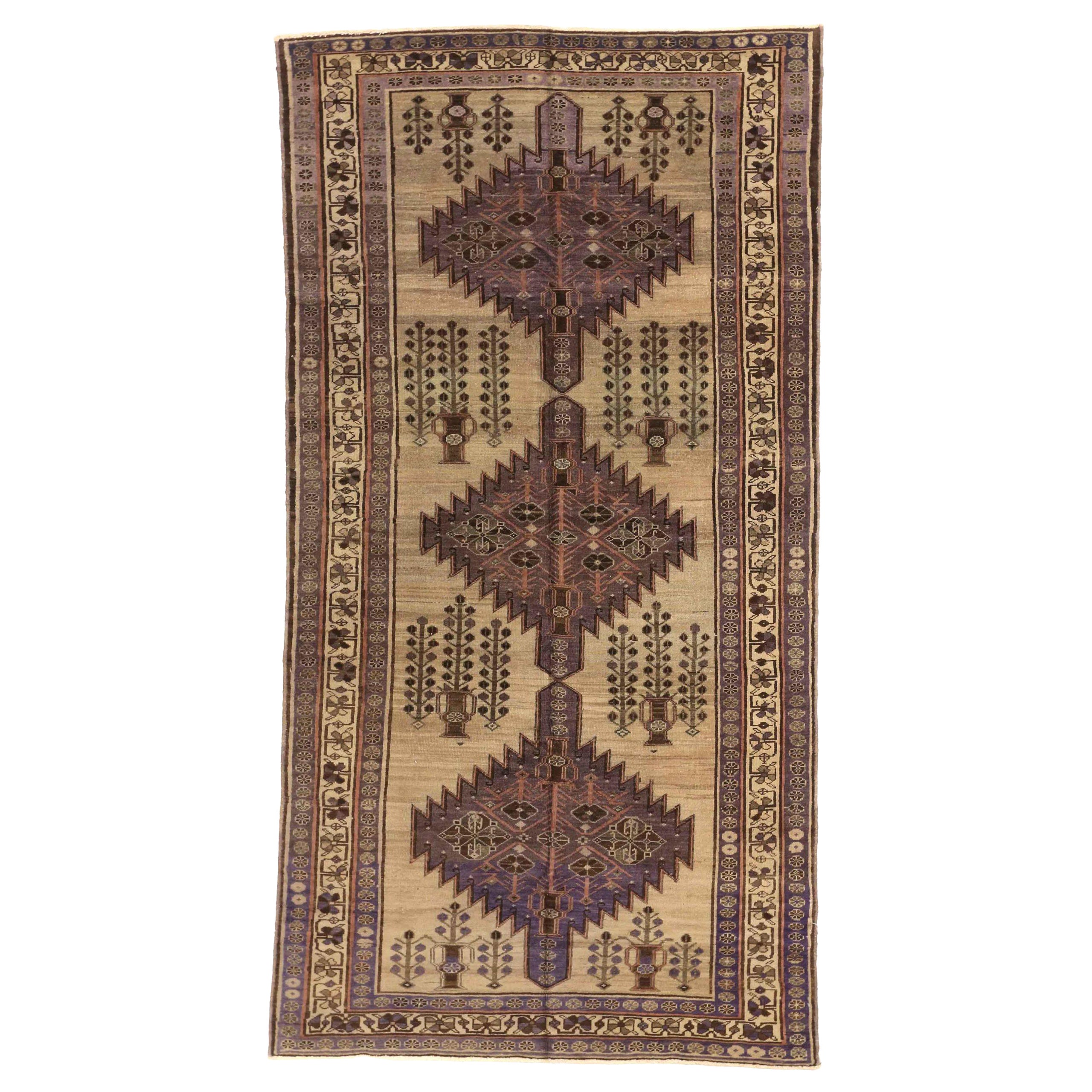 Petit tapis persan Varamin Circa 1910 - Laine Brown Ivoire Rose Purpel 74117