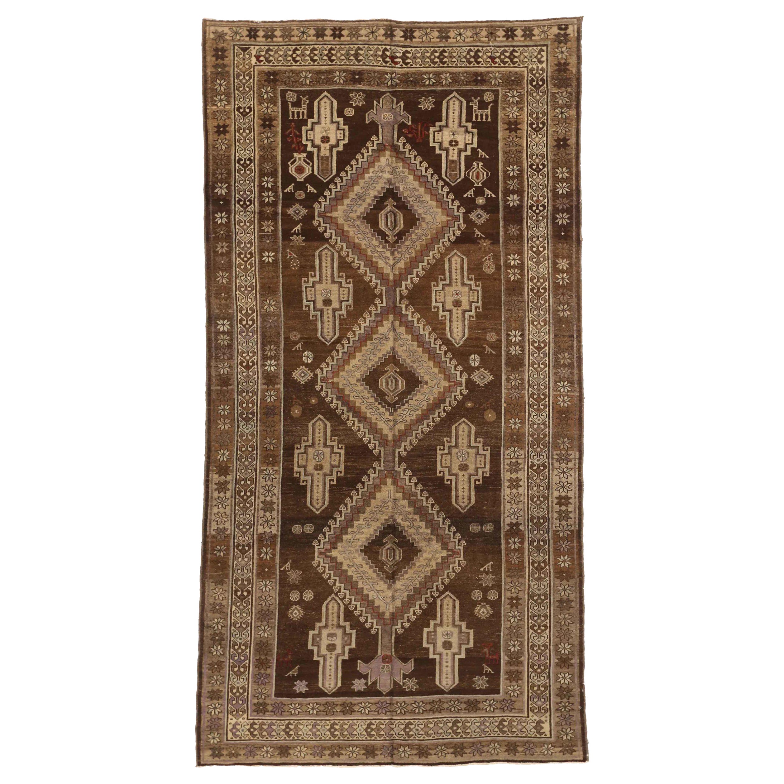 Petit tapis persan Varamin Circa 1910 - Laine Brown Ivory 74184 en vente