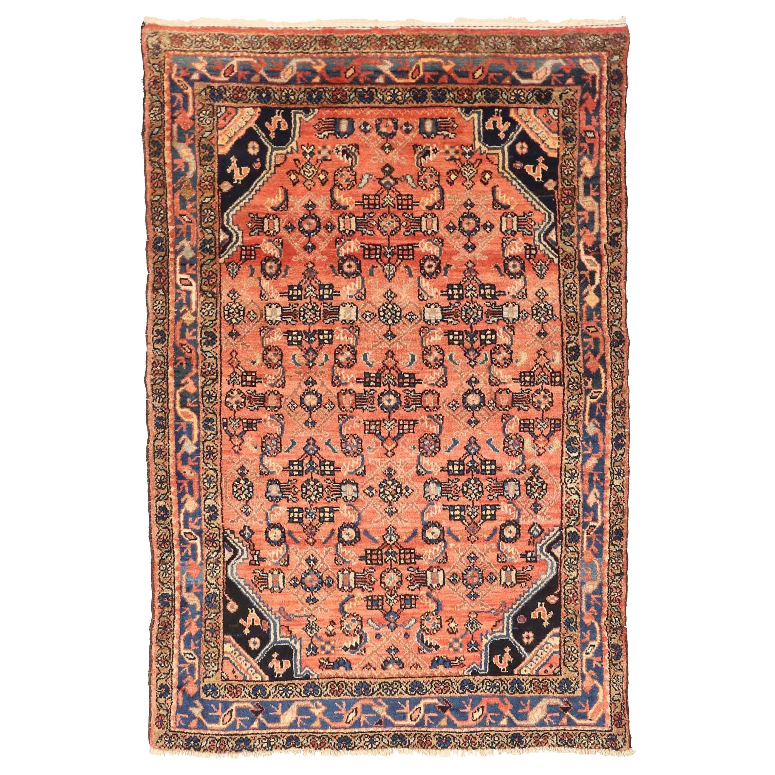 Persian Hamadan Small Rug - Wool Ivory Navy Blue Pink 75014