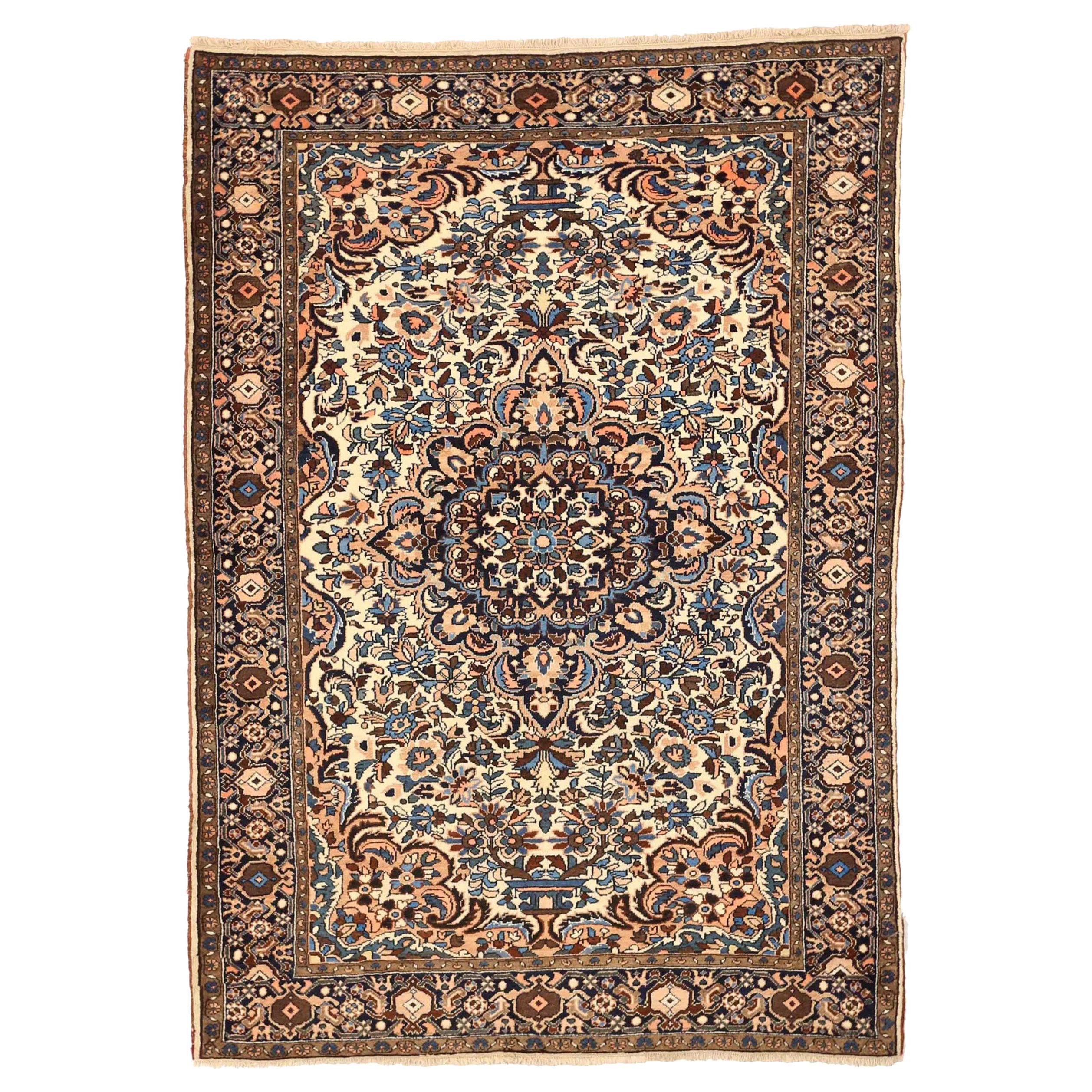Persischer Hamadan Kleiner Teppich - Wolle Blau Braun Elfenbein Rosa 75016