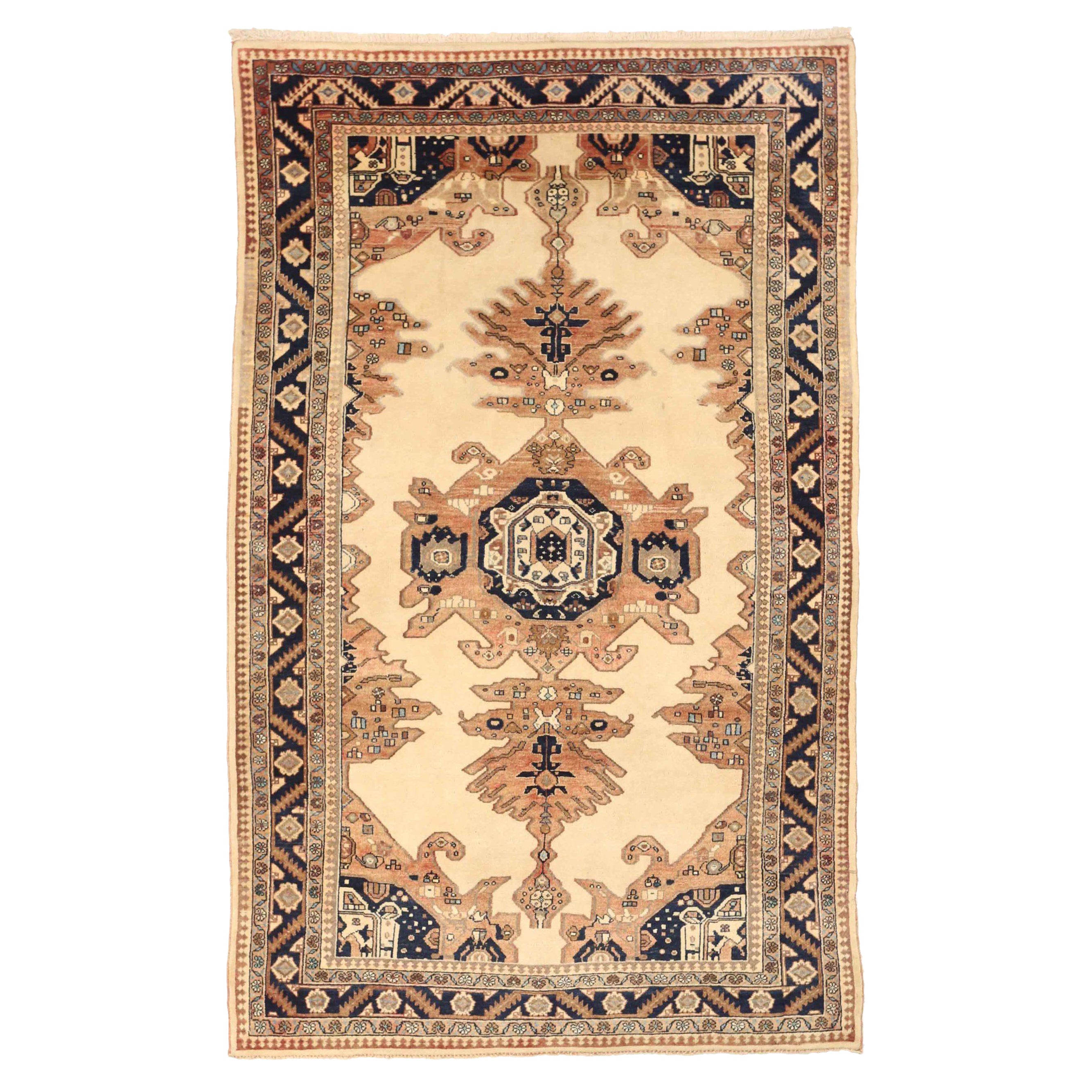 Alfombra Persa Hamadan Pequeña - Lana Marfil Azul Marino Rosa 75019