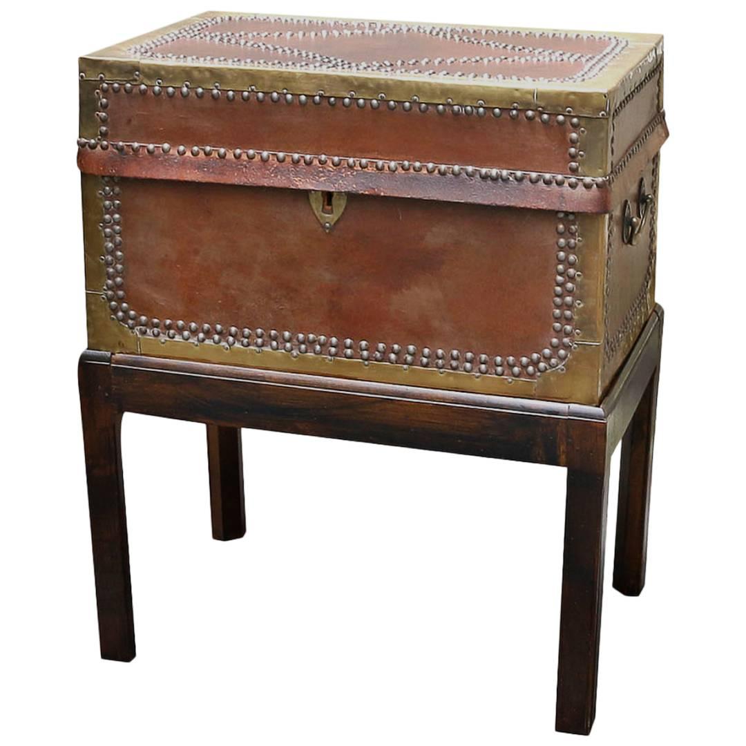 English Brass Bound Leather Trunk on Stand or Side Table, 19th Century