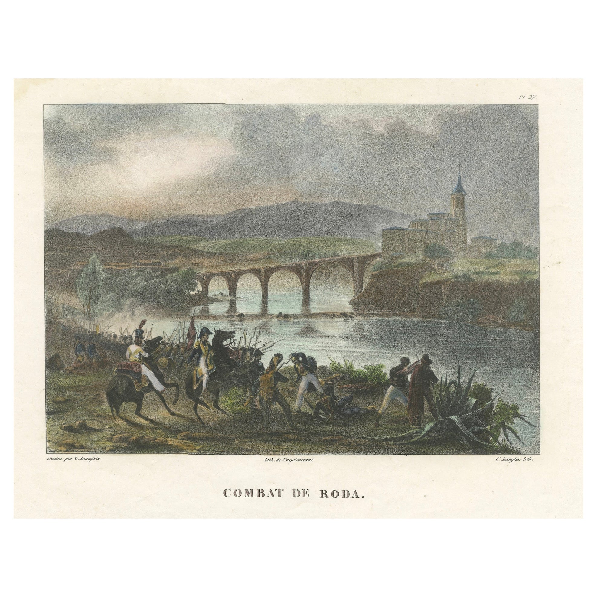 Batalla de Roda: Tropas francesas en acción - Litografía de las Guerras Napoleónicas, hacia 1830