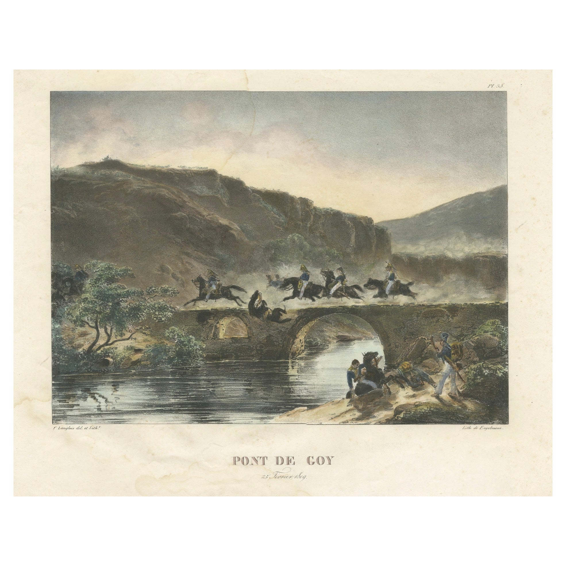 Pont de Coy: Französische Truppen beim Überqueren einer Brücke im Jahr 1809 - Napoleonische Kriege Lithographie