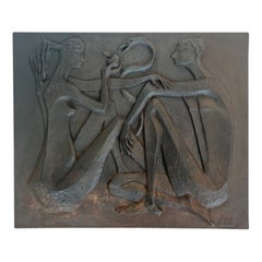 Modernist Cast Iron Fireback Representing Adam and Eve, The Apple And The Snake.