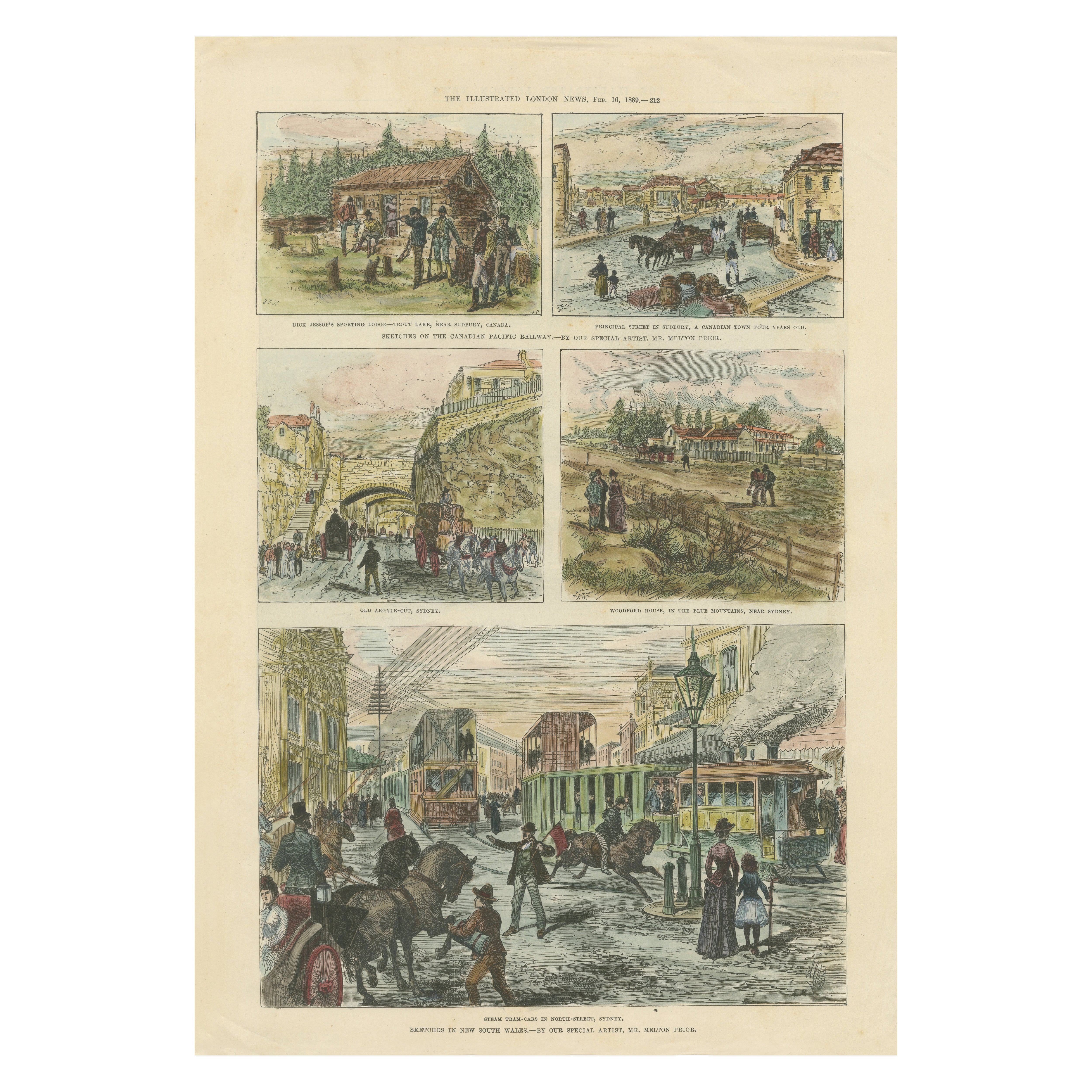 Illustrated London News 1889 Escenas: Canadá y Nueva Gales del Sur coloreadas a mano