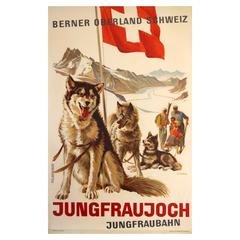 Original Vintage Swiss Travel Poster for Jungfraujoch Switzerland, Polar Dogs