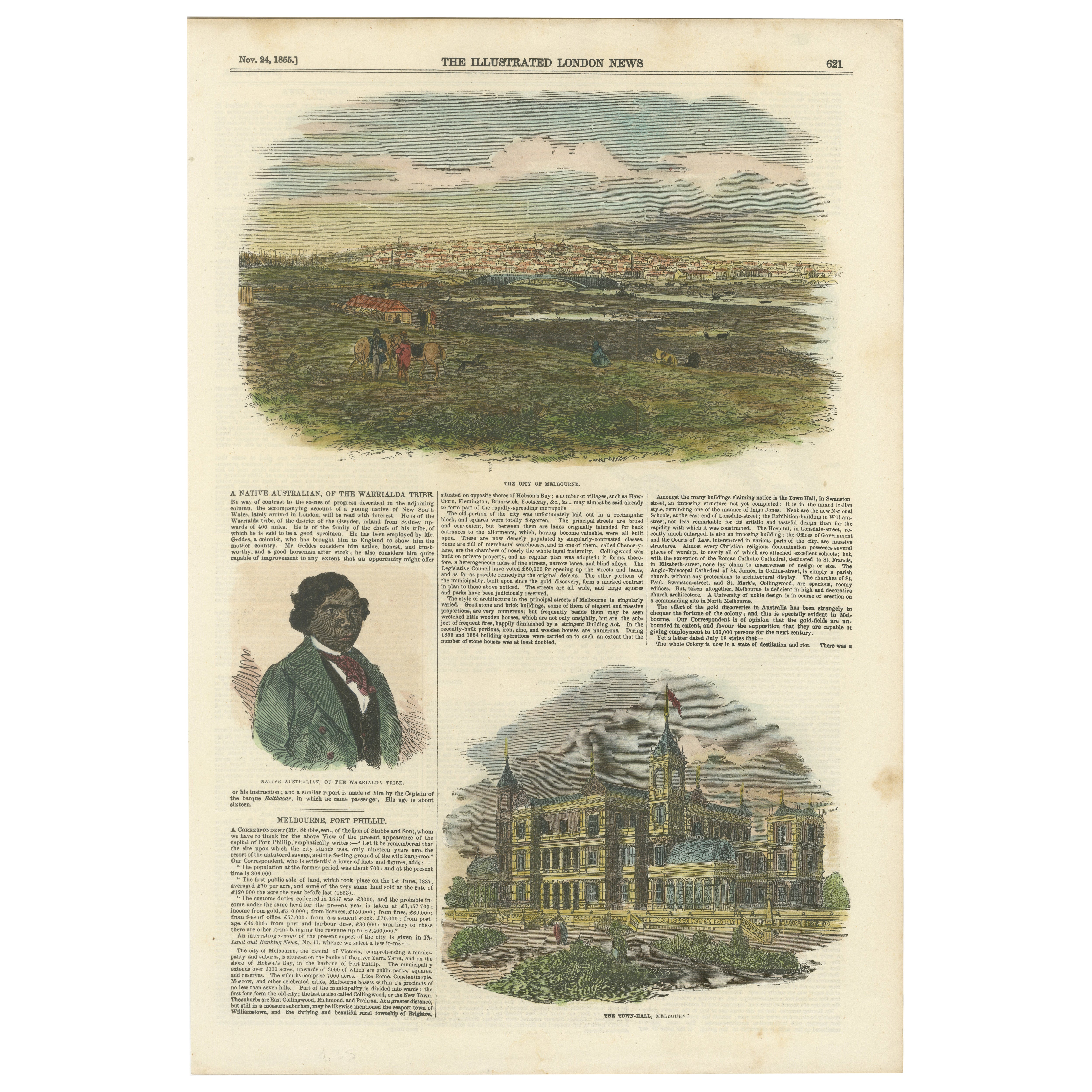 Melbourne in 1855: Cityscape, Indigenous Portrait, and Town Hall View