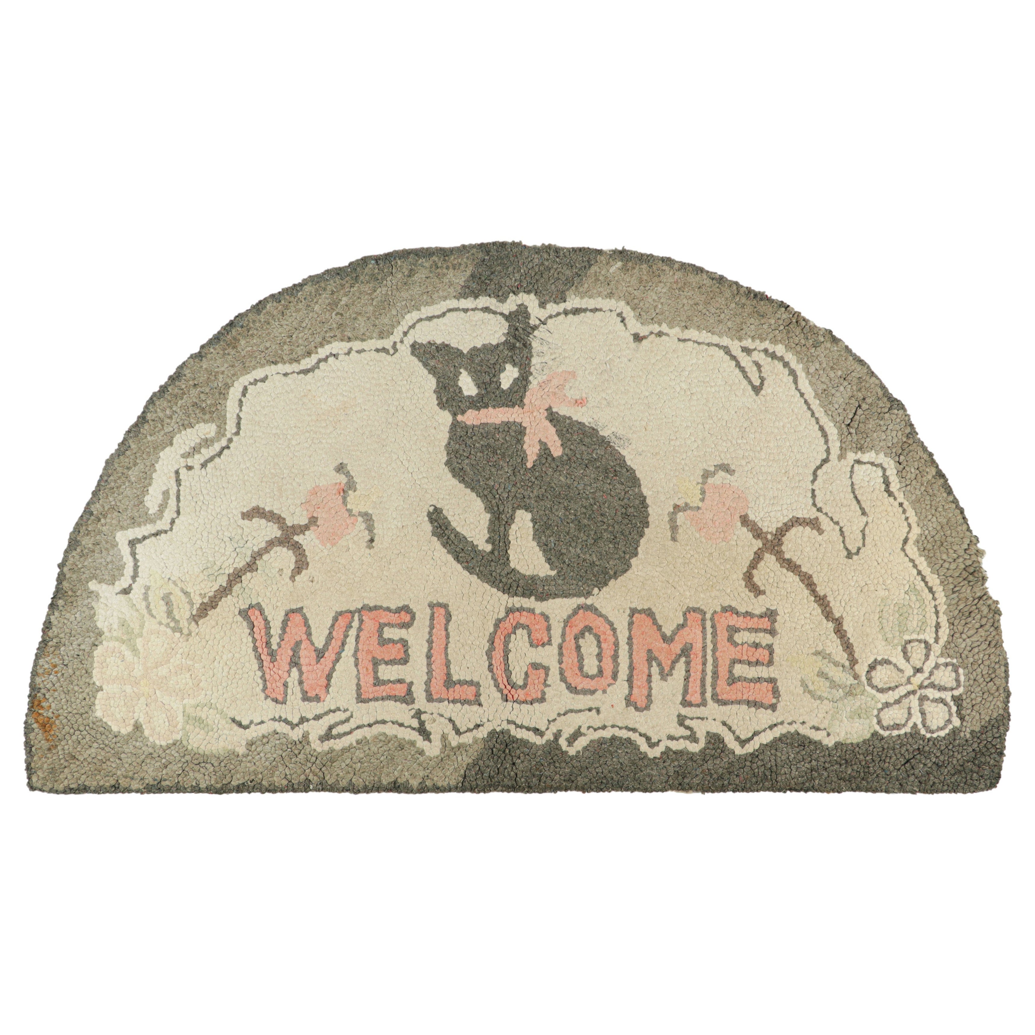 Antique Round Hooked Rug in Cream & Gray with Animal Pictorial  Rug & Kilim