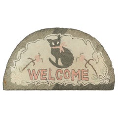 Antique Round Hooked Rug in Cream & Gray with Animal Pictorial  Rug & Kilim
