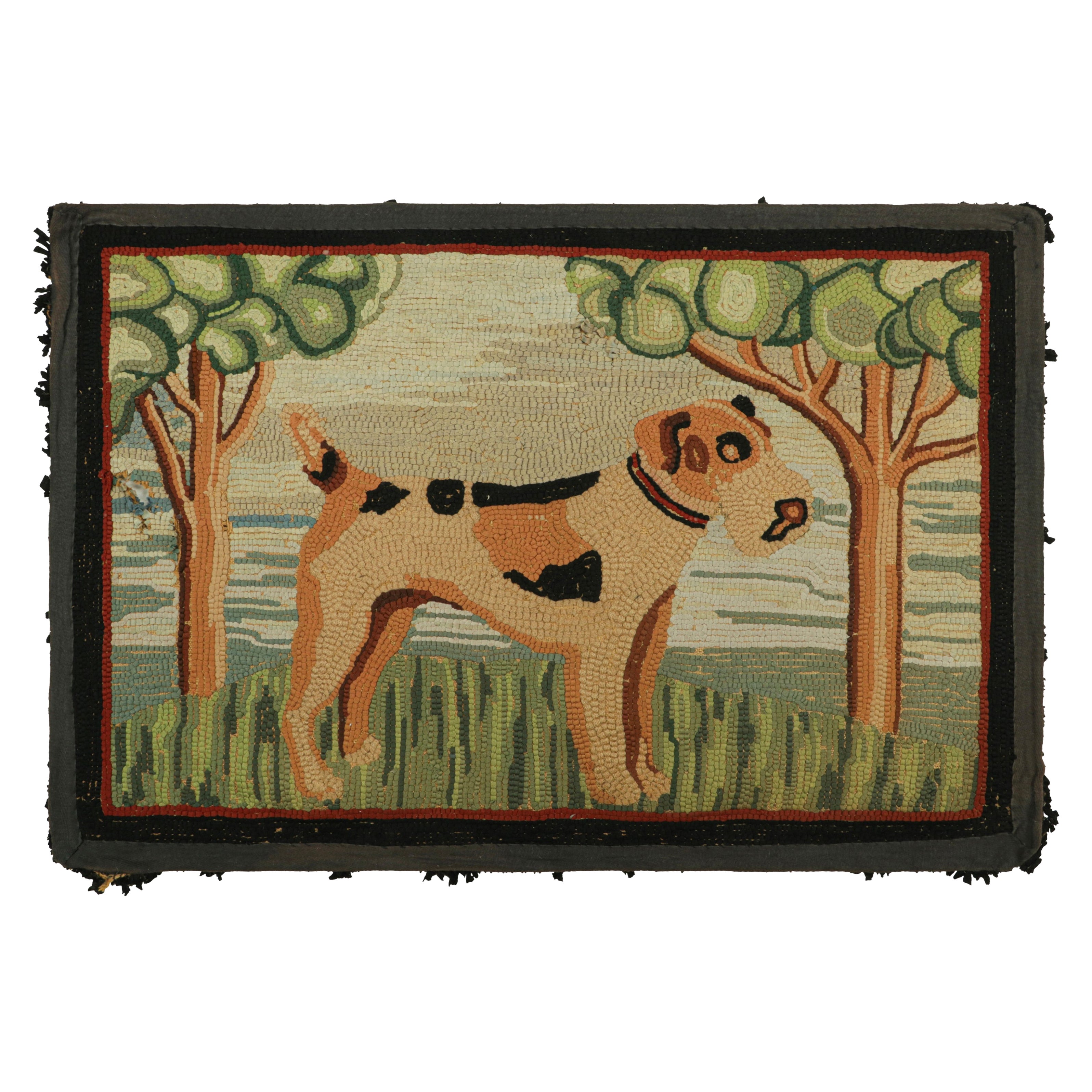 Antique Hooked Rug in Beige-Brown with Animal Pictorial Patterns  Rug & Kilim