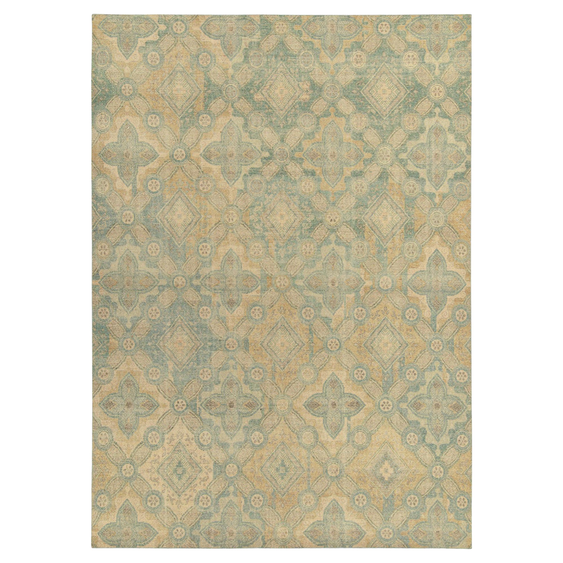 Distressed Style Rug in Blue & Gold Deco Pattern by Rug & Kilim