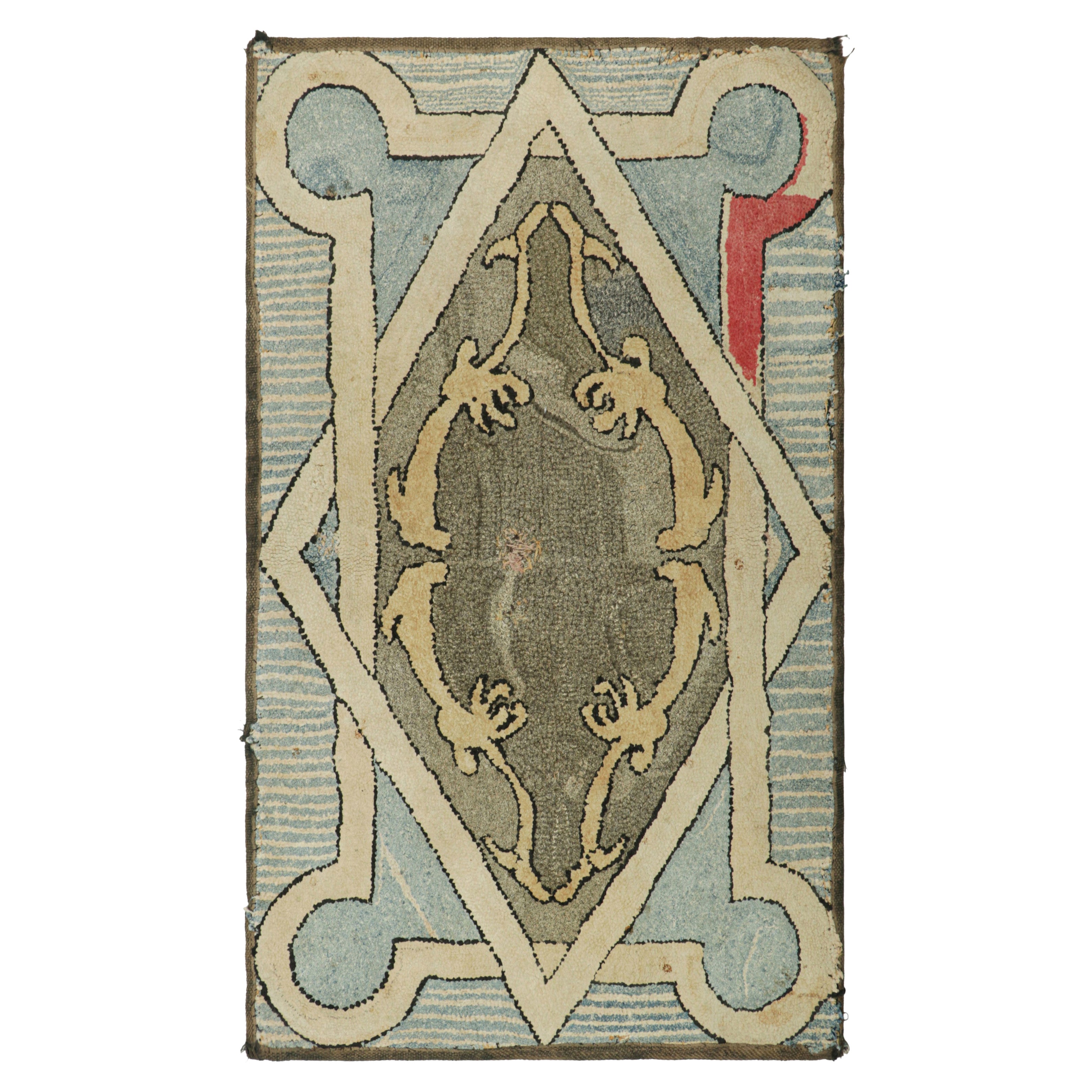 Antique Hooked Rug in Beige-Cream & Blue with Geometric Medallion  Rug & Kilim