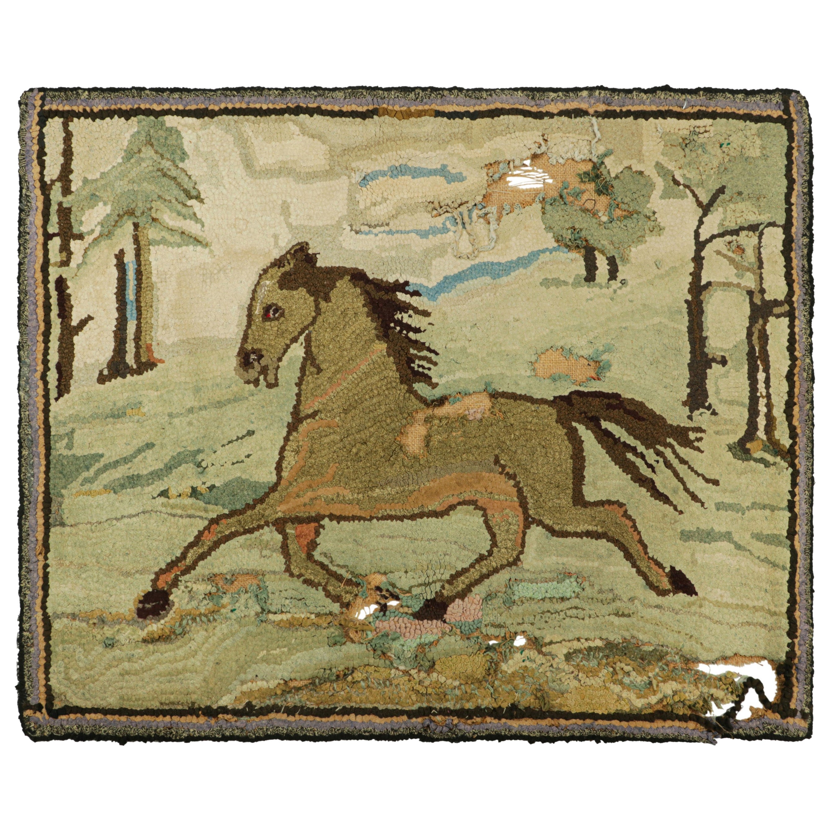 Antique Hooked Rug With Horse Pictorials In Blue And Cream From Rug & Kilim For Sale