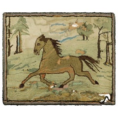 Tappeto antico con ganci e immagini di cavalli in blu e crema di Rug & Kilim