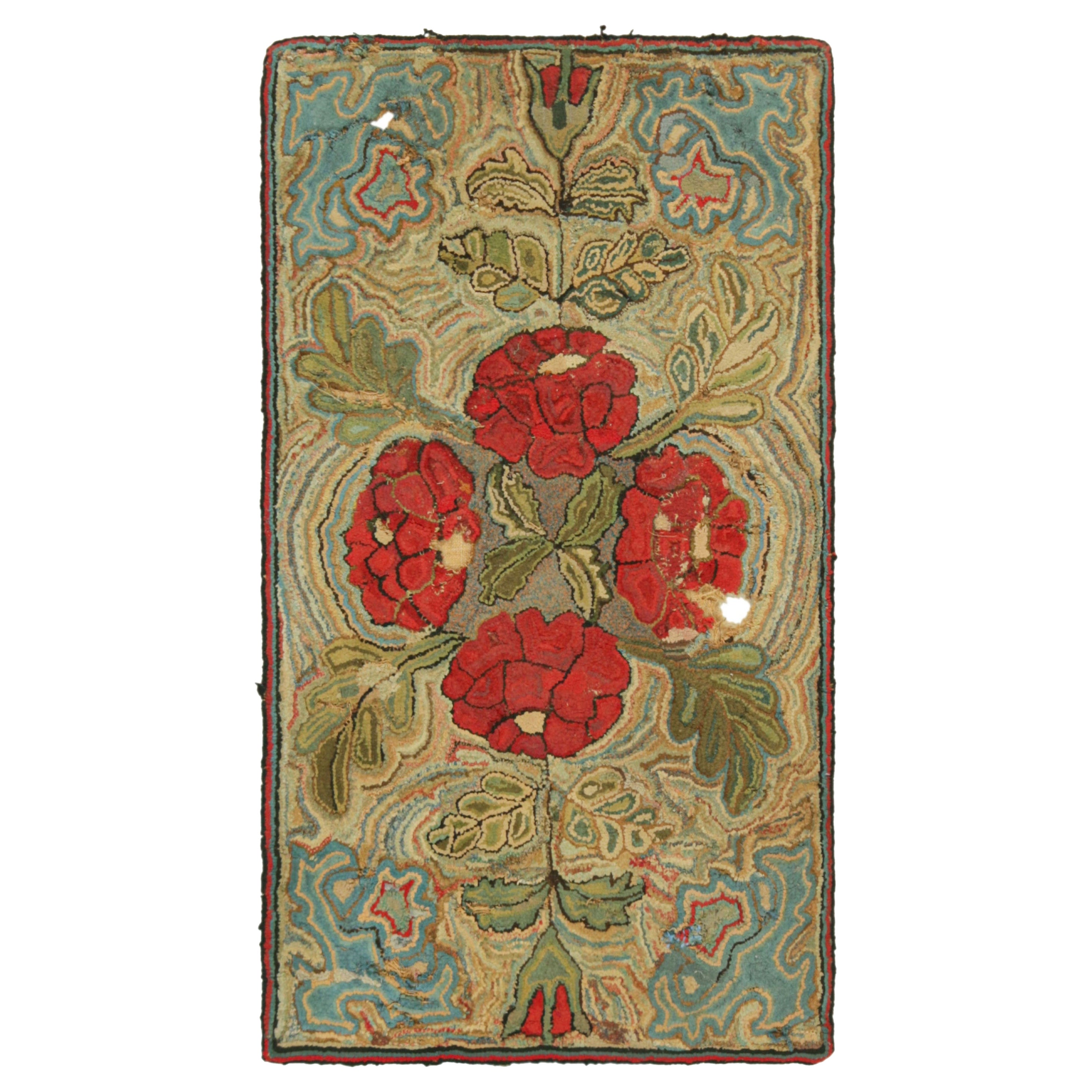 Antique Hooked Rug With Floral Medallion In Red And Green  Rug & Kilim For Sale
