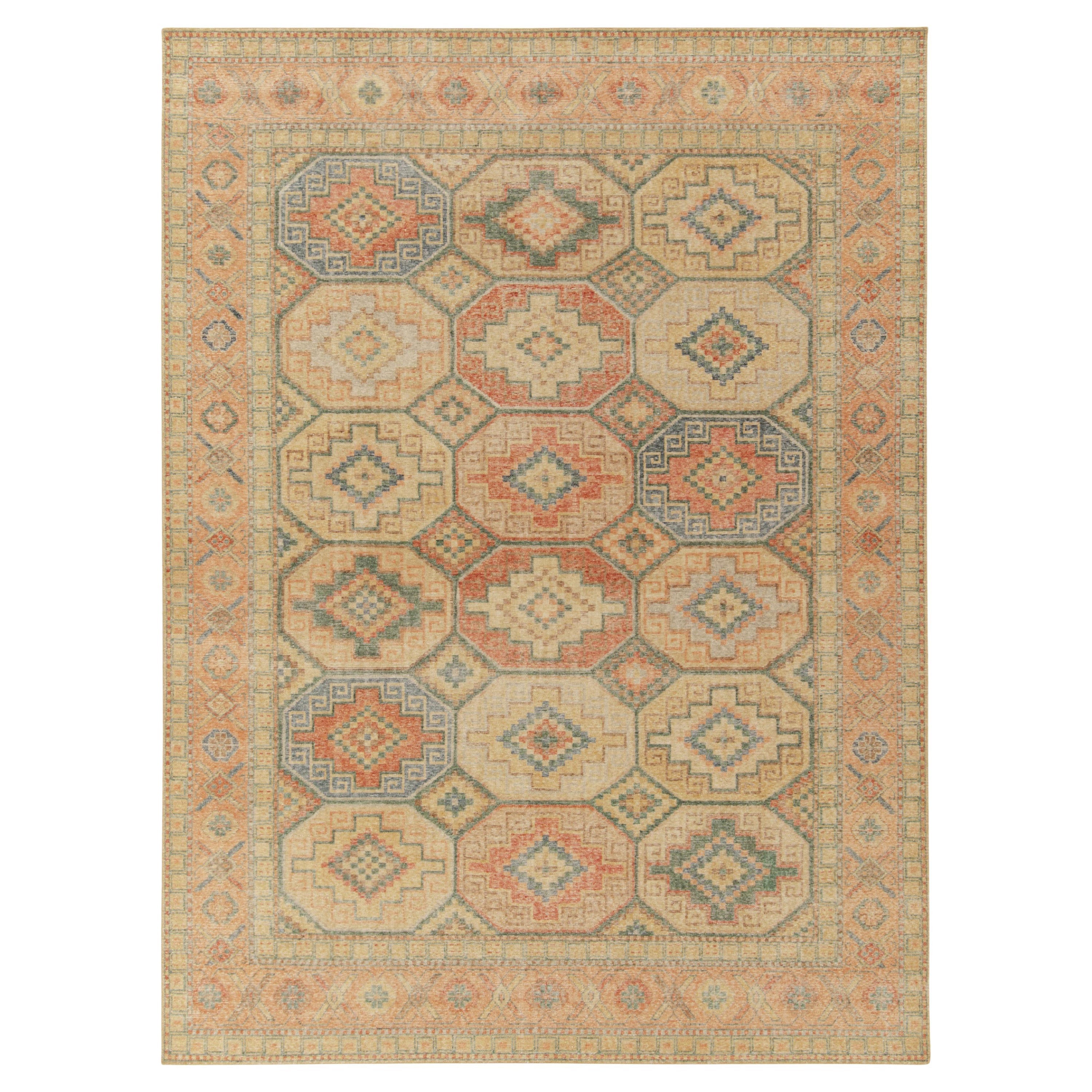 Rug & Kilim's Distressed Style Rug in Orange, Blue & Beige Geometric Pattern