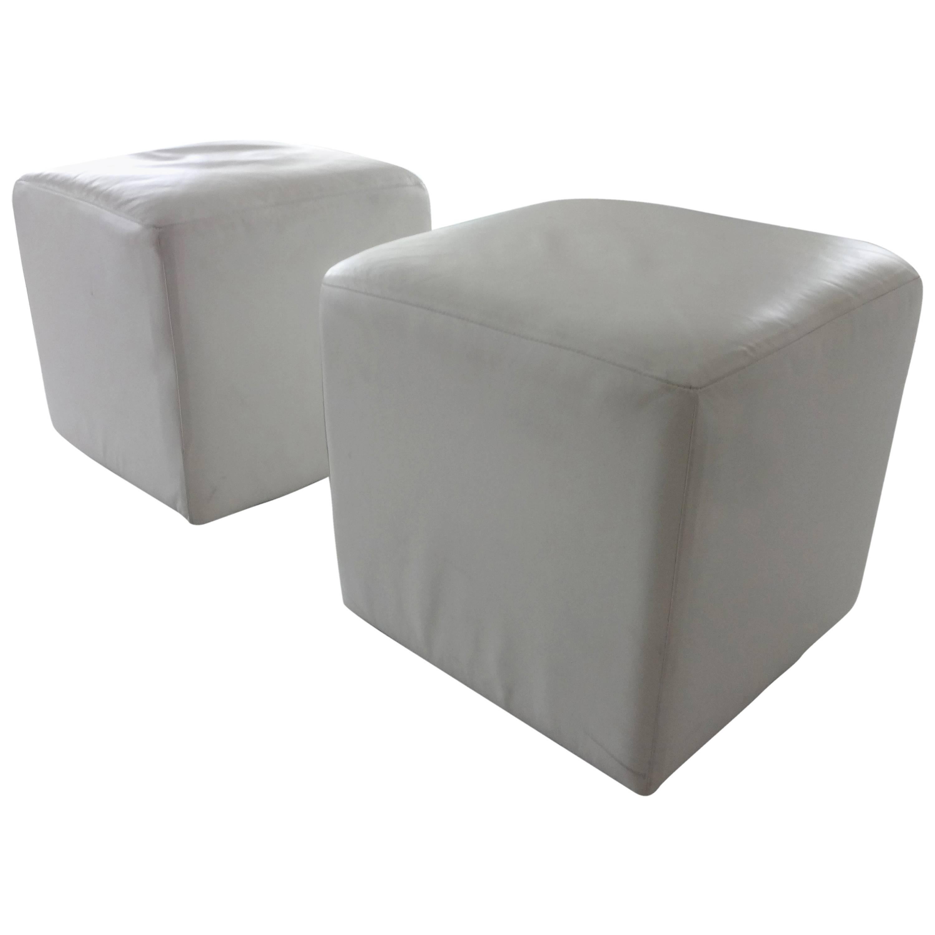 Pair of Roche Bobois White Leather Cubes