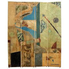 Postmodern, Abstract, Pop-Art Folding Screen, Painting Signed Jacques Lamy