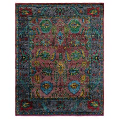 Rug & Kilim's Oushak Style Rug in Burgundy and Blue with Floral Patterns (tapis de style Oushak en Bourgogne et bleu avec des motifs floraux)