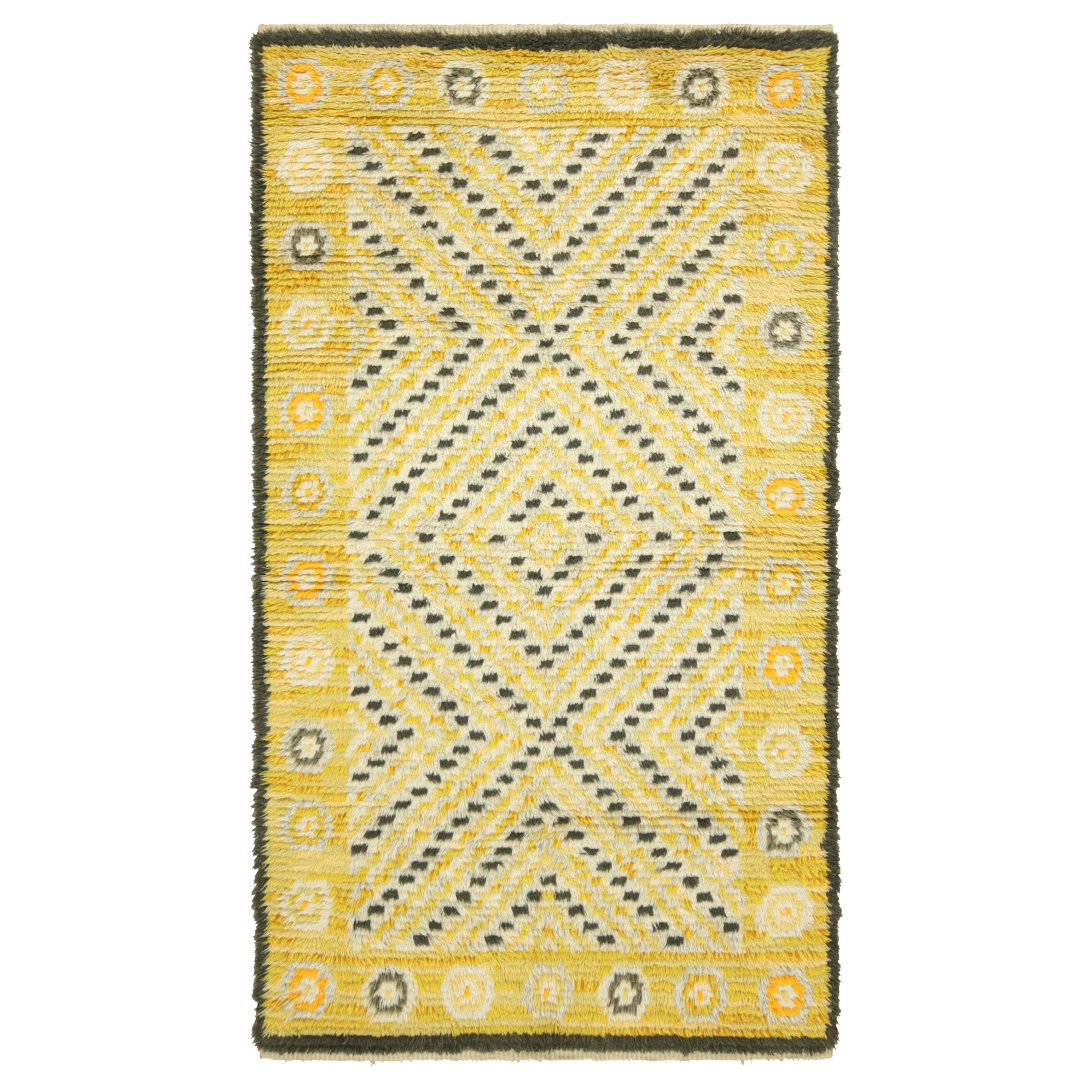 Vintage Swedish Rya Rug In Gold and Green with Geometric Patterns  Rug & Kilim