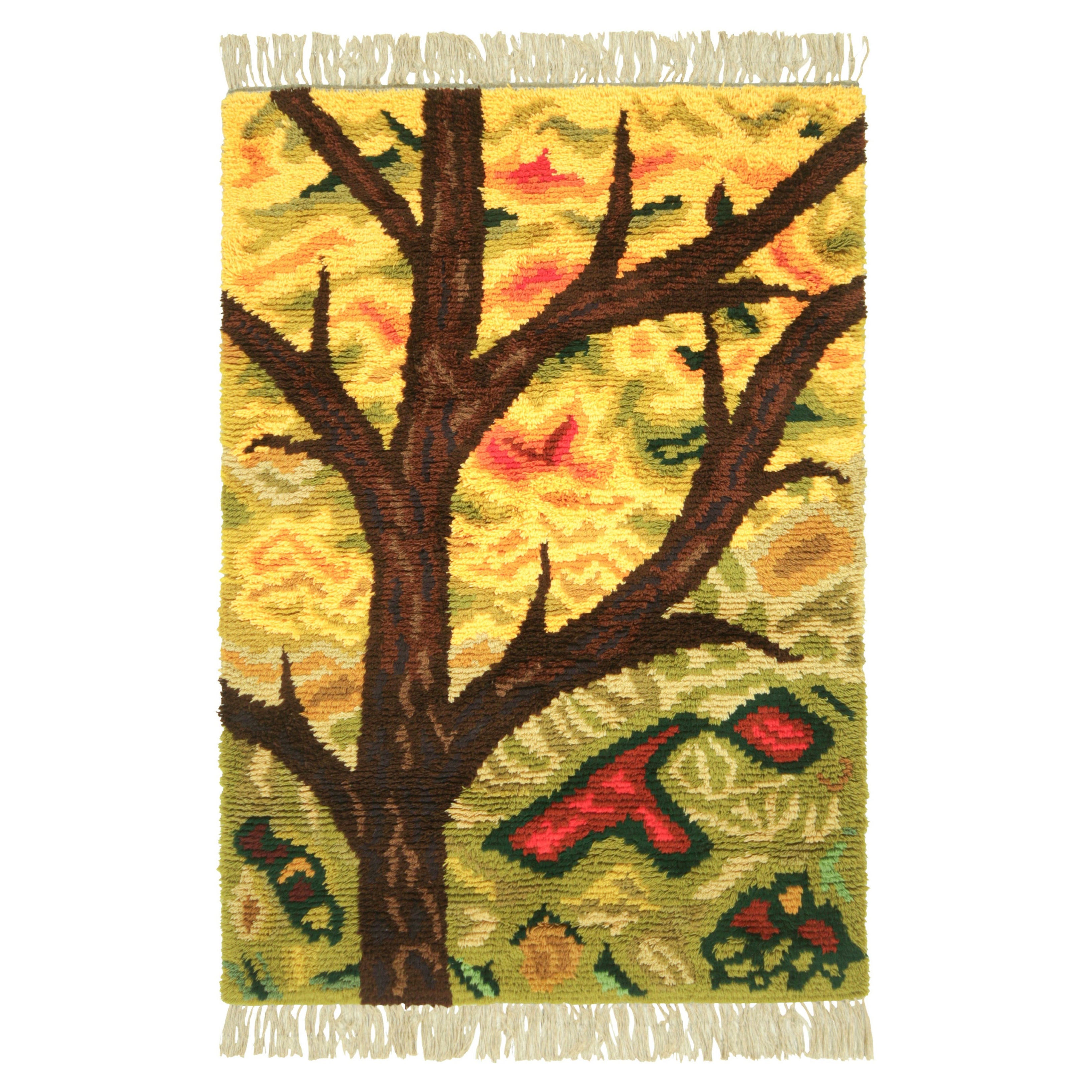 Vintage Swedish Rya Rug In Yellow and Brown with Tree Pictorial  Rug & Kilim