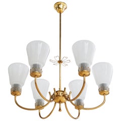 Lampadario di design svedese, ottone, vetro, Svezia, anni '1940