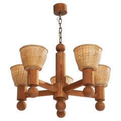 Uno Kristiansson, Kronleuchter, Kiefernholz, Rattan, Schweden, 1970er Jahre