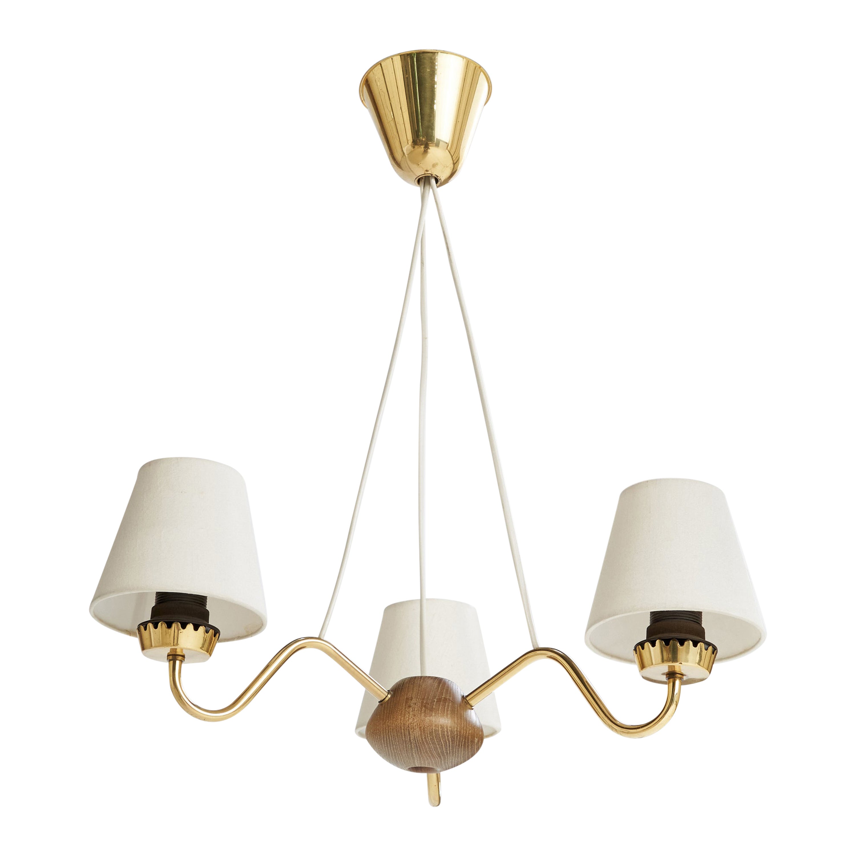 ASEA, Chandelier, Brass, Oak, Fabric, Sweden, 1940s