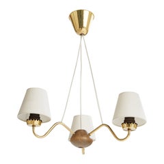 ASEA, Chandelier, Brass, Oak, Fabric, Sweden, 1940s