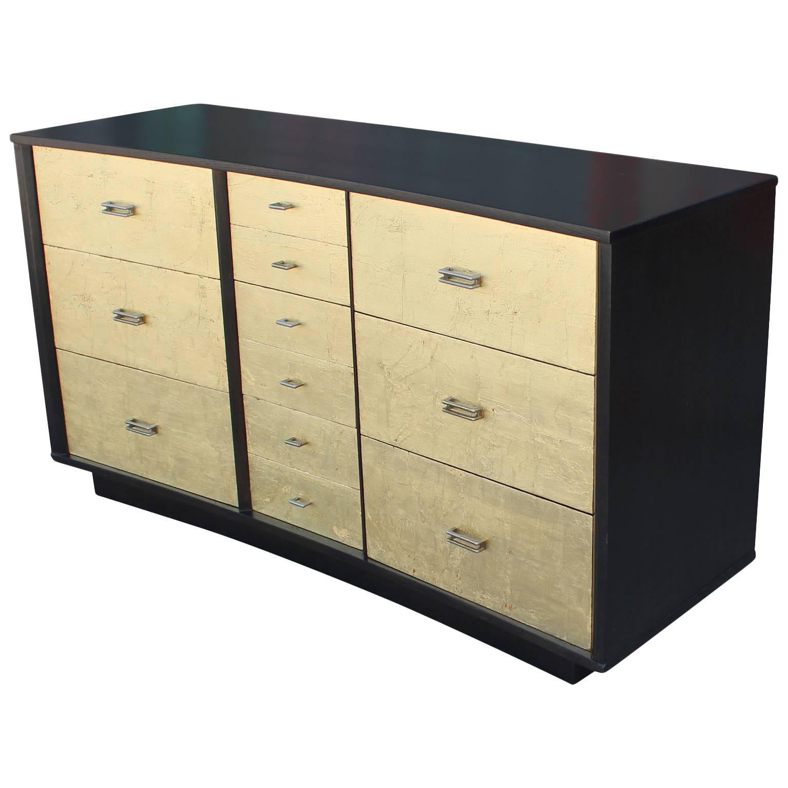 Fabulous Modern Curved Gold Leaf and Ebonized Nine Drawer Dresser