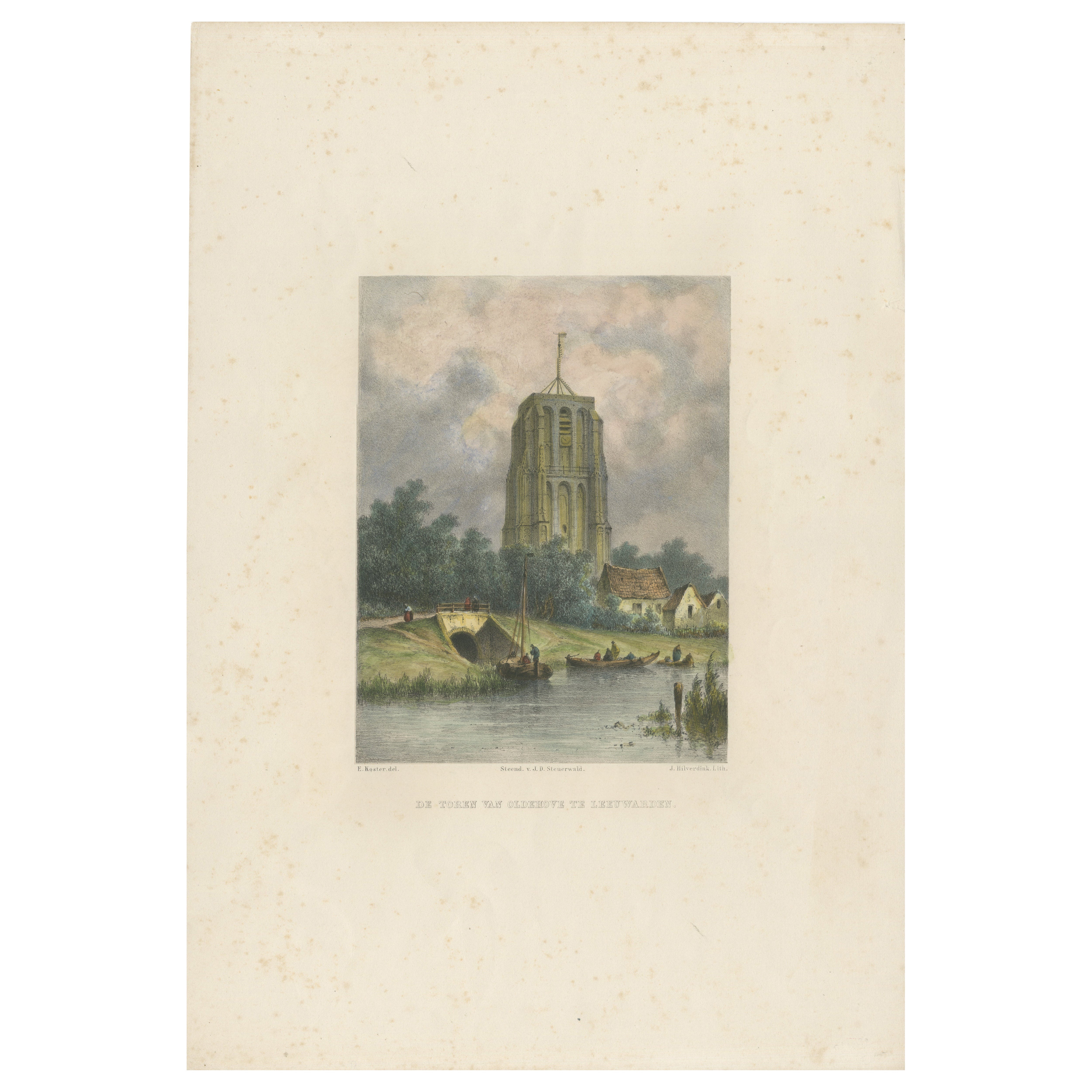La Torre Pendente di Leeuwarden - Litografia Oldehove di Hilverdink, 1858
