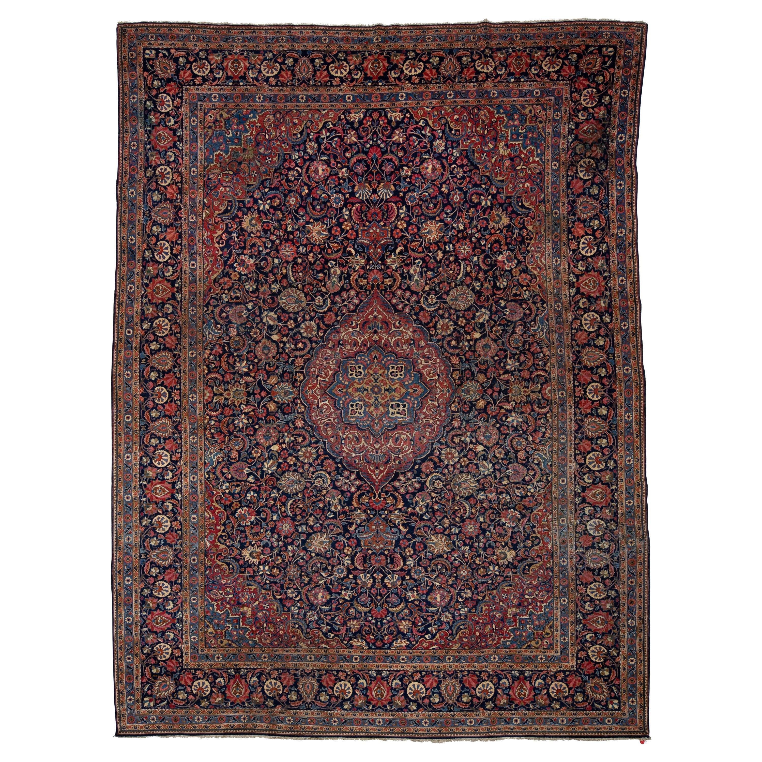 Antique Persian Kashan Handmade Medallion Designed Wool Rug in Blue