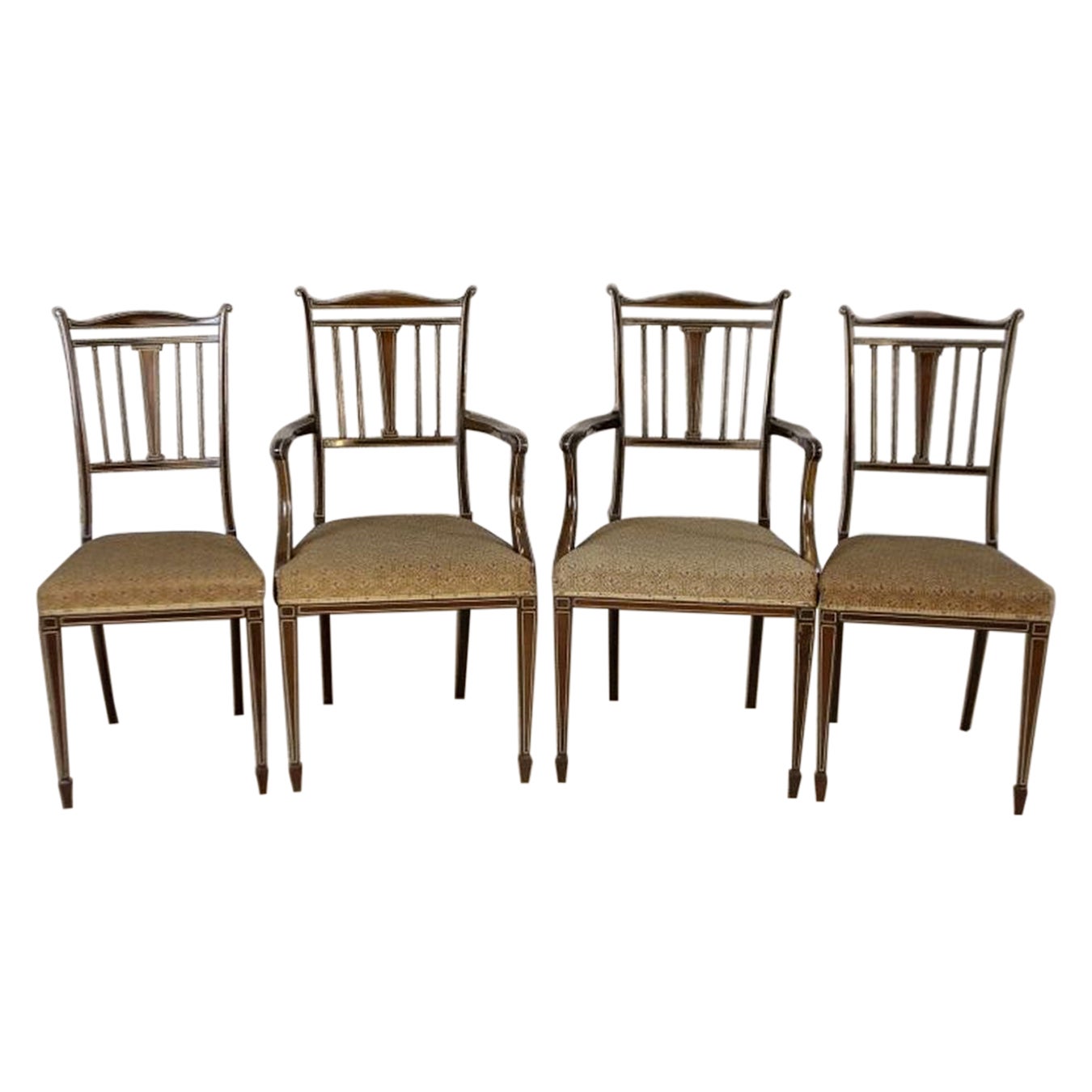 Set di 4 poltrone e sedie inglesi in stile Sheraton, fine XIX secolo
